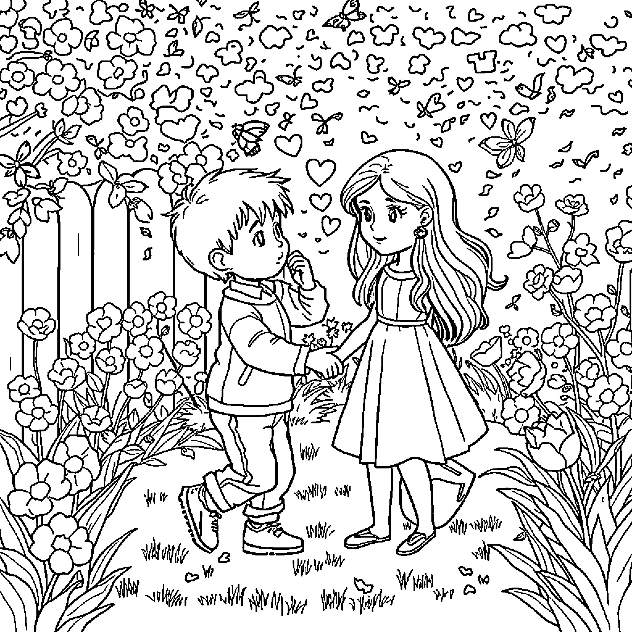 Boy and girl in a flowery garden scene Coloring Page (free black-and-white line drawing printable PDF for all, from beginners to advanced learners, including children, teens, adults, and seniors)