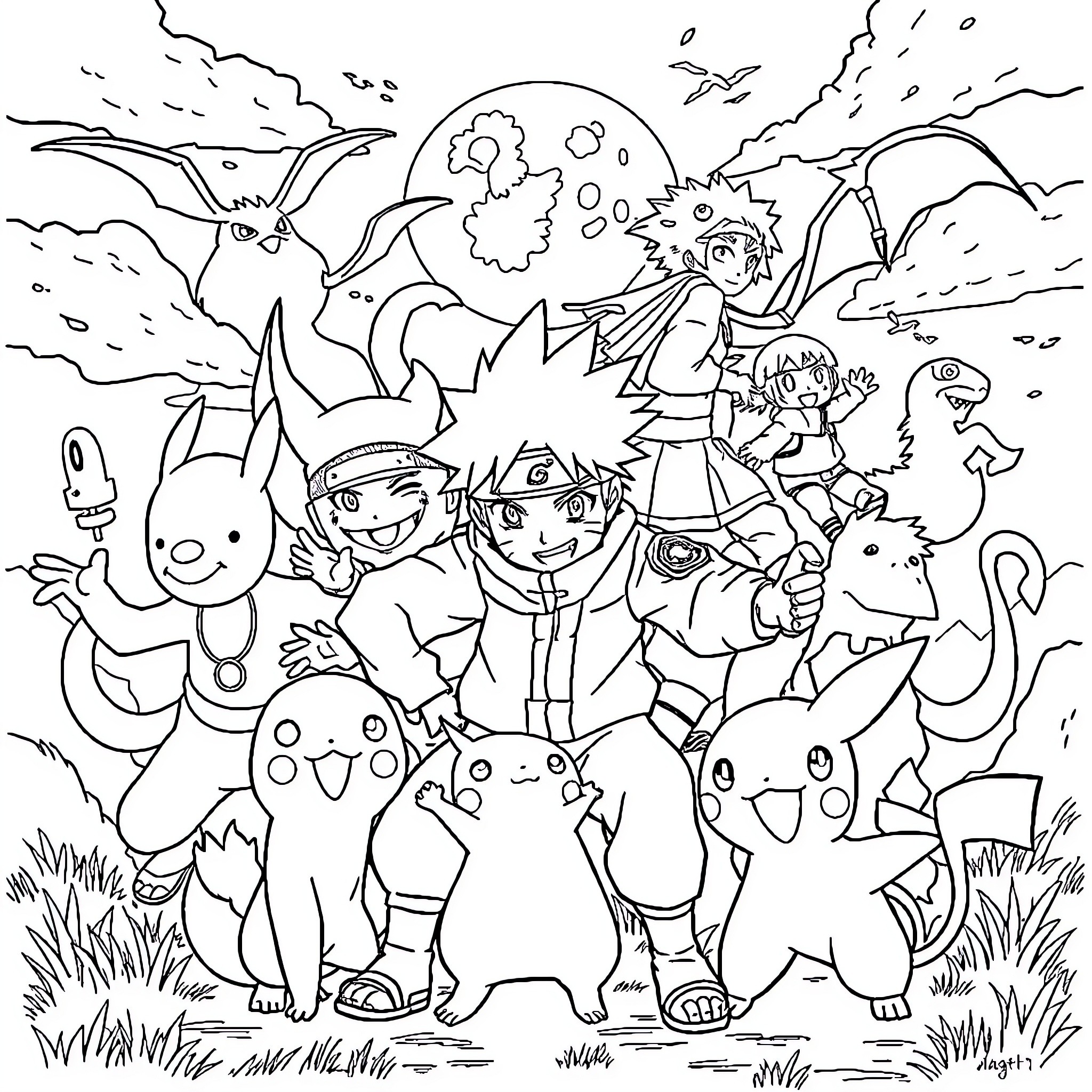 Pokémon trainers exploring a fantastical landscape Coloring Page (free black-and-white line drawing printable PDF for all, from beginners to advanced learners, including children, teens, adults, and seniors)