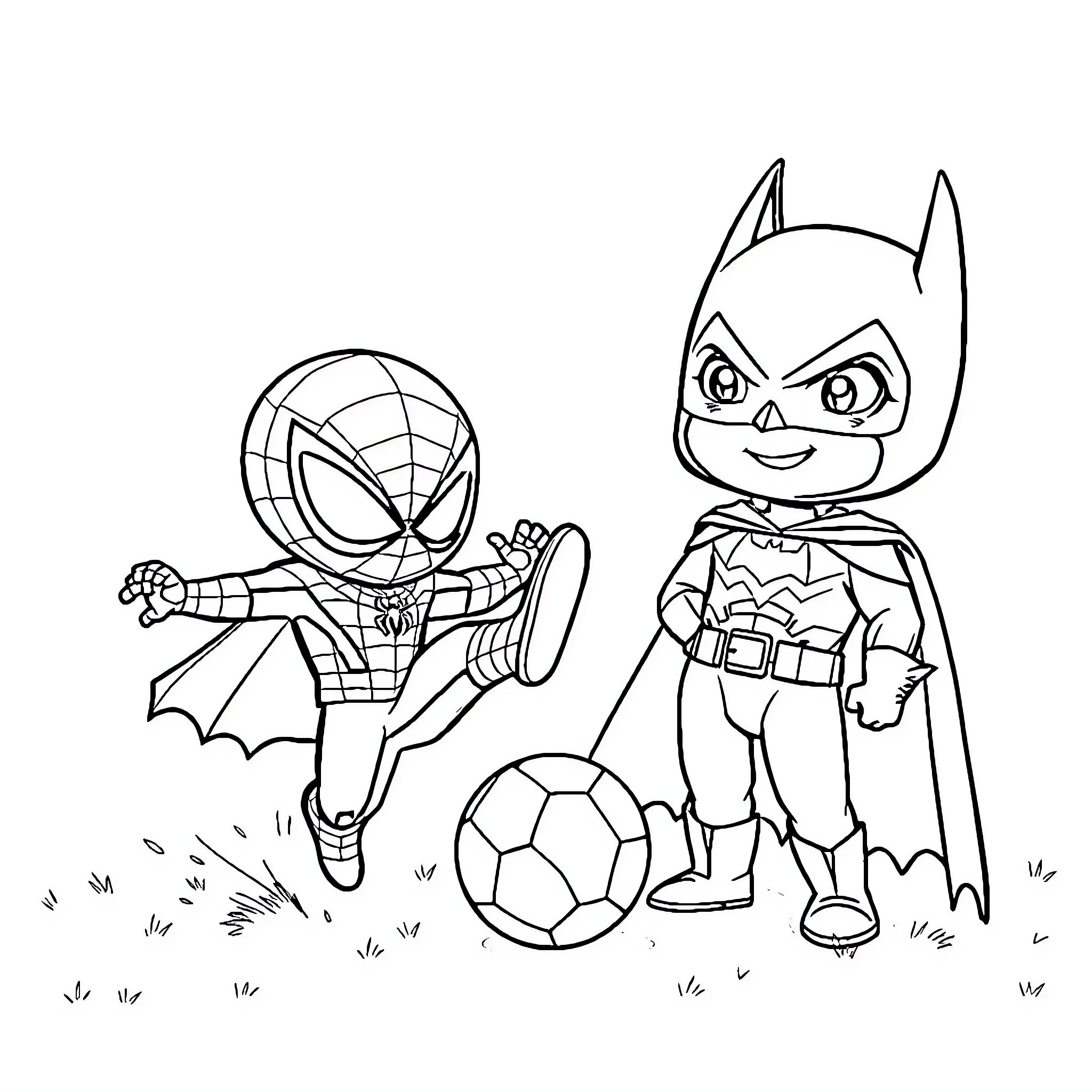 Chibi superheroes playing soccer on the field Coloring Page (free black-and-white line drawing printable PDF for all, from beginners to advanced learners, including children, teens, adults, and seniors)