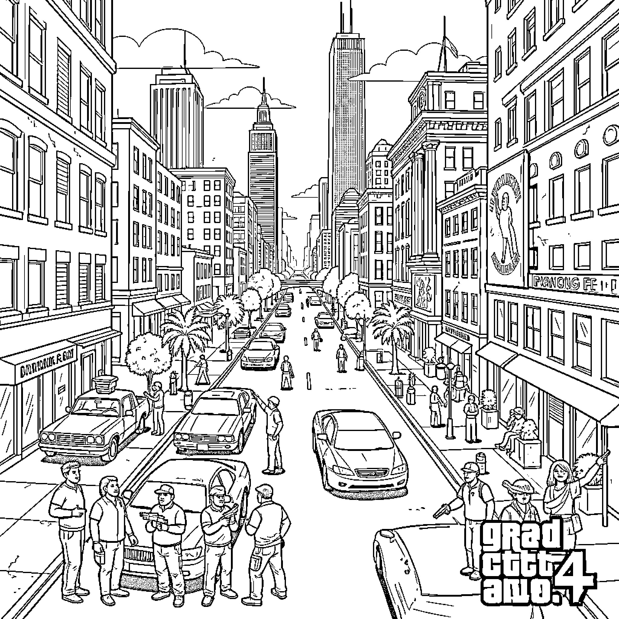 GTA IV characters standing by cars on a city street Coloring Page (free black-and-white line drawing printable PDF for all, from beginners to advanced learners, including children, teens, adults, and seniors)