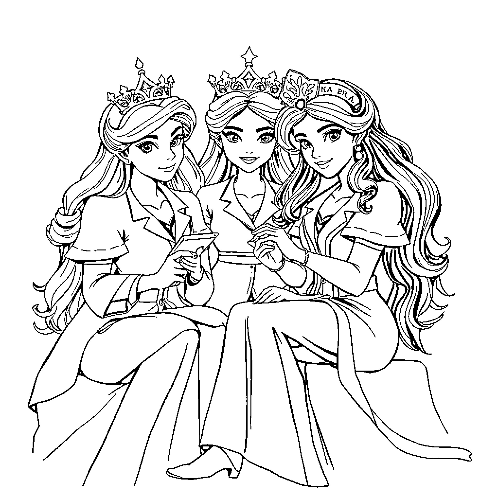 Princess Friends Enjoying a Conversation Coloring Page (free black-and-white line drawing printable PDF for all, from beginners to advanced learners, including children, teens, adults, and seniors)