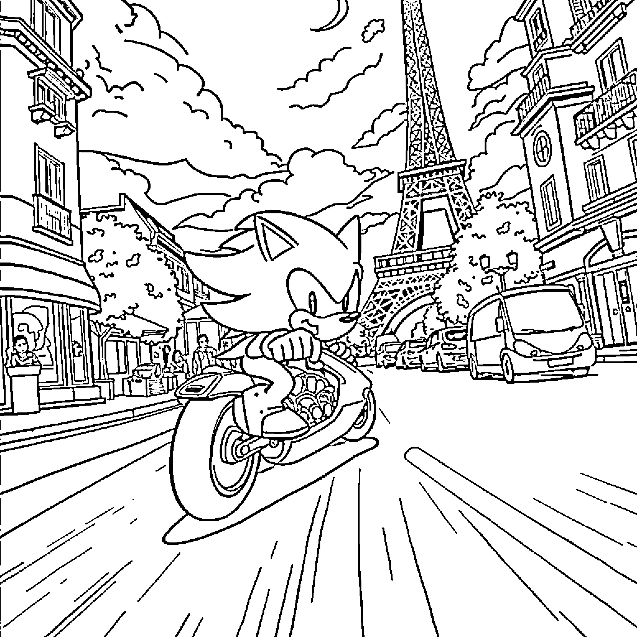 Sonic racing through the streets of Paris Coloring Page (free black-and-white line drawing printable PDF for all, from beginners to advanced learners, including children, teens, adults, and seniors)