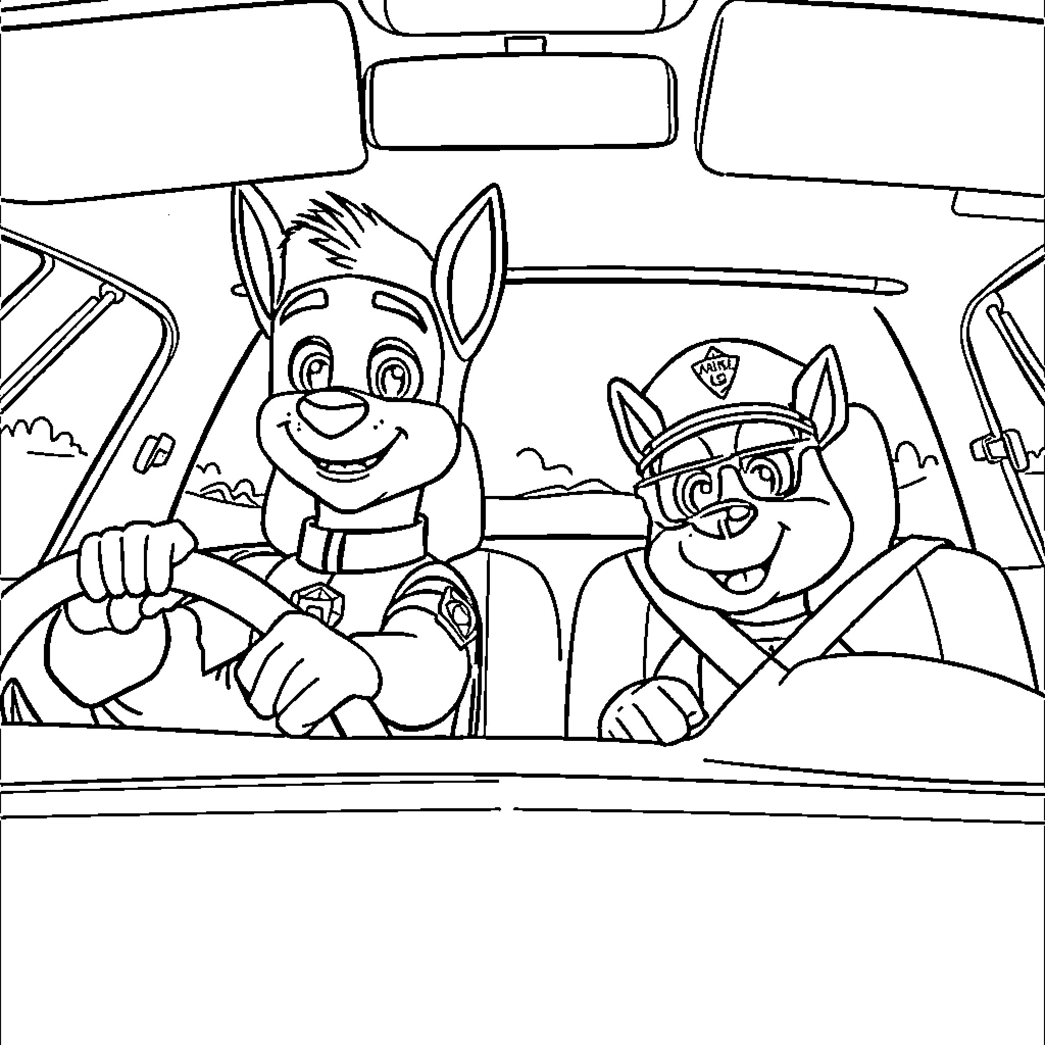 Chase through the neighborhood with pups Coloring Page (free black-and-white line drawing printable PDF for all, from beginners to advanced learners, including children, teens, adults, and seniors)