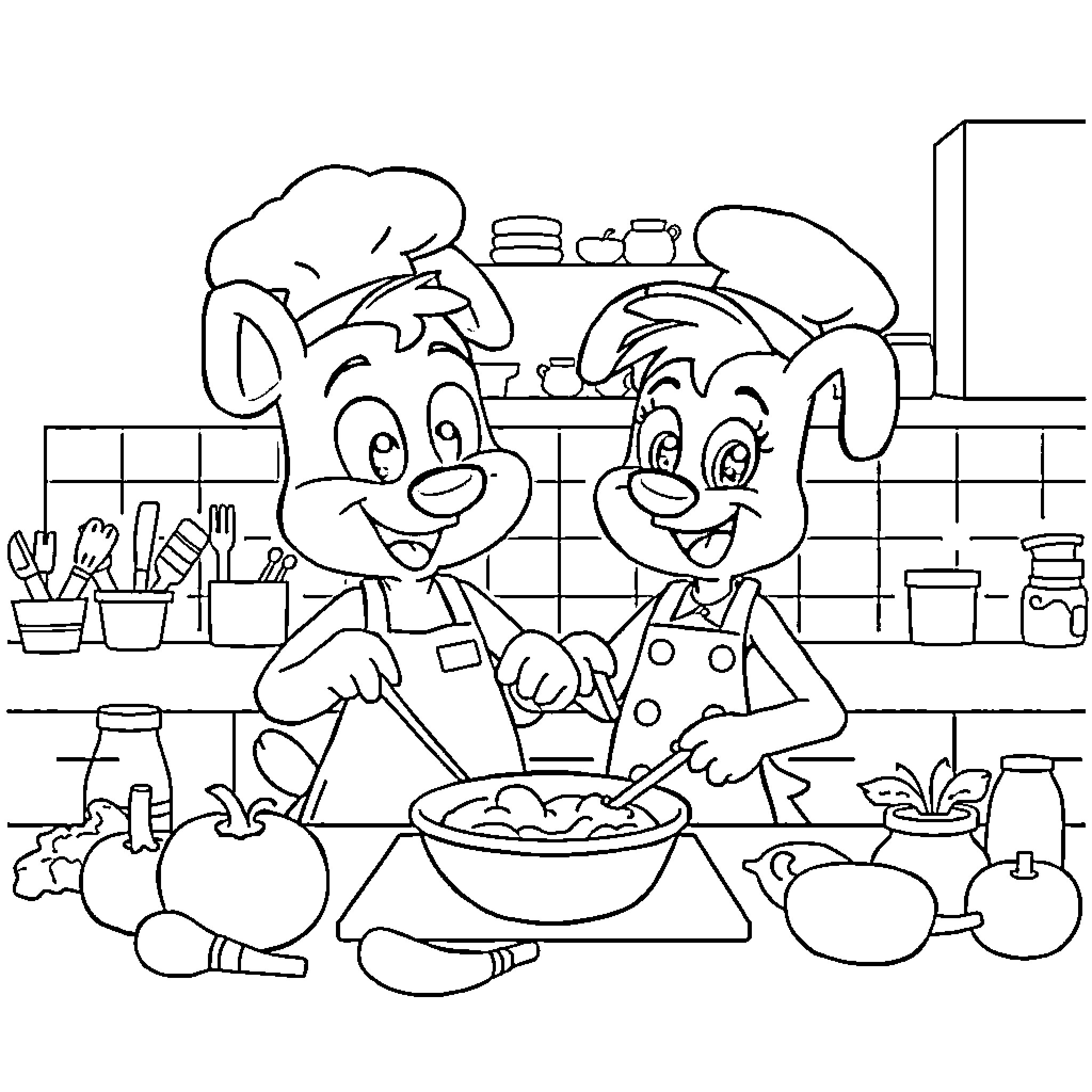 Bluey characters baking in the kitchen Coloring Page (free black-and-white line drawing printable PDF for all, from beginners to advanced learners, including children, teens, adults, and seniors)
