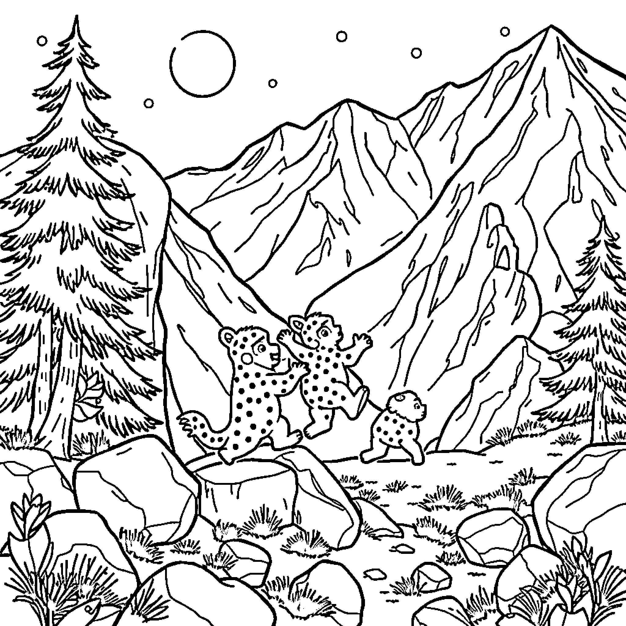 Pyjamasques exploring the snowy mountain landscape Coloring Page (free black-and-white line drawing printable PDF for all, from beginners to advanced learners, including children, teens, adults, and seniors)