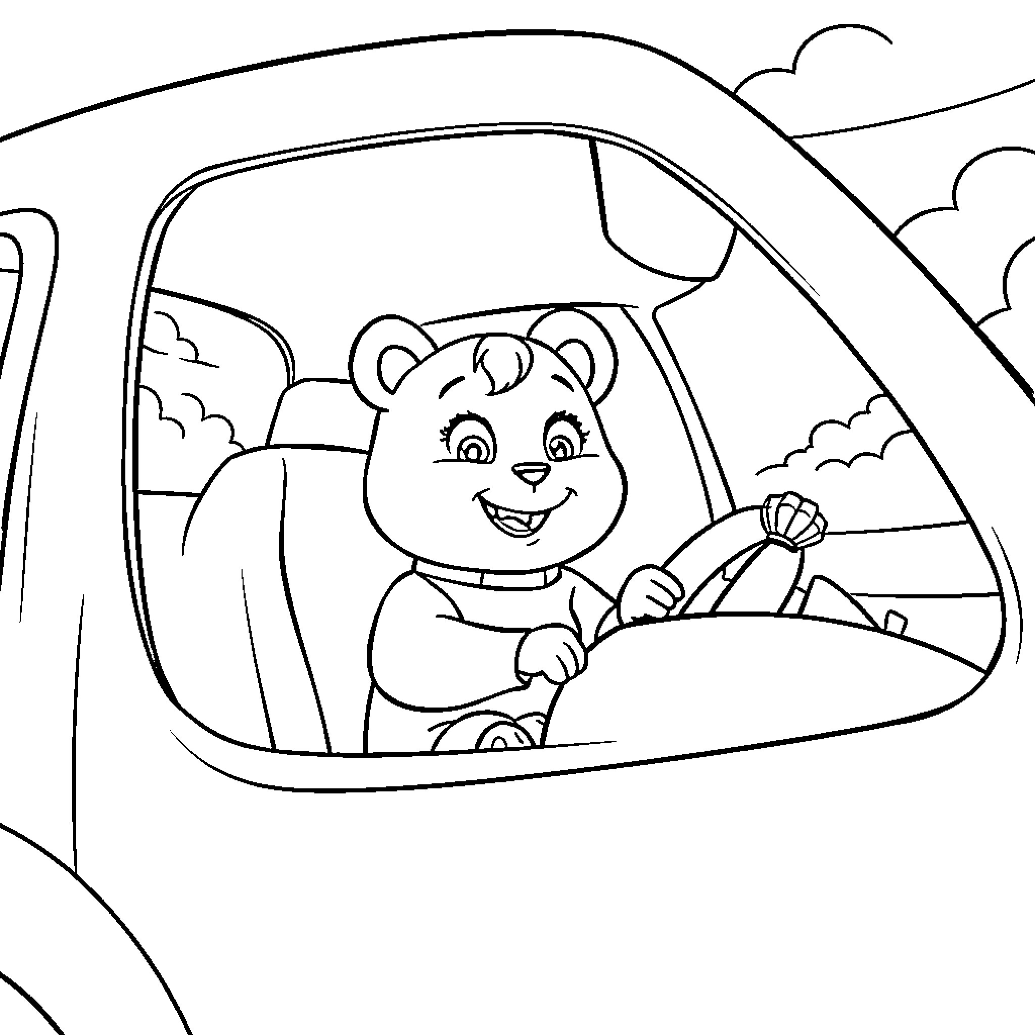 Masha driving a car happily Coloring Page (free black-and-white line drawing printable PDF for all, from beginners to advanced learners, including children, teens, adults, and seniors)