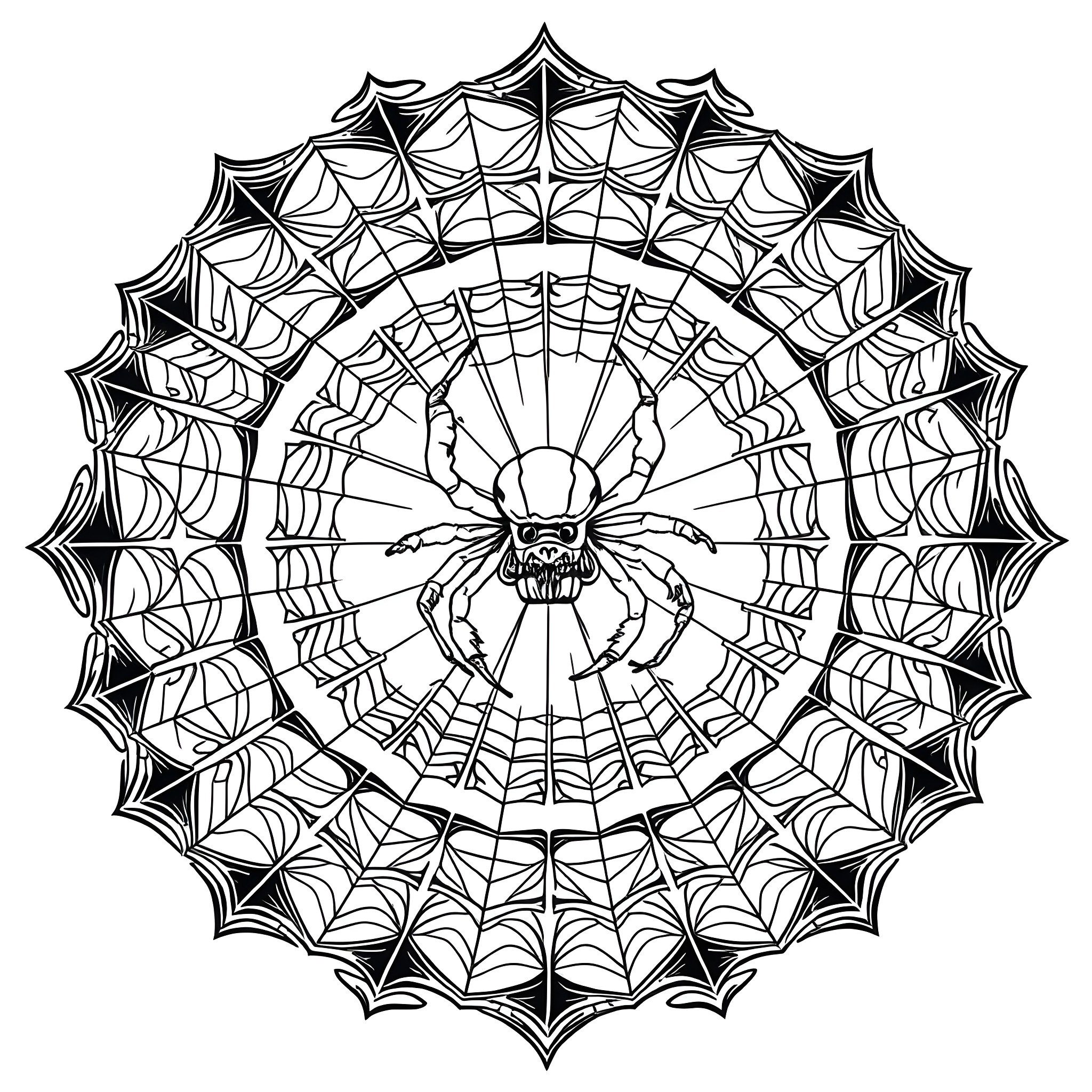 Spider weaving an intricate web Coloring Page (free black-and-white line drawing printable PDF for all, from beginners to advanced learners, including children, teens, adults, and seniors)