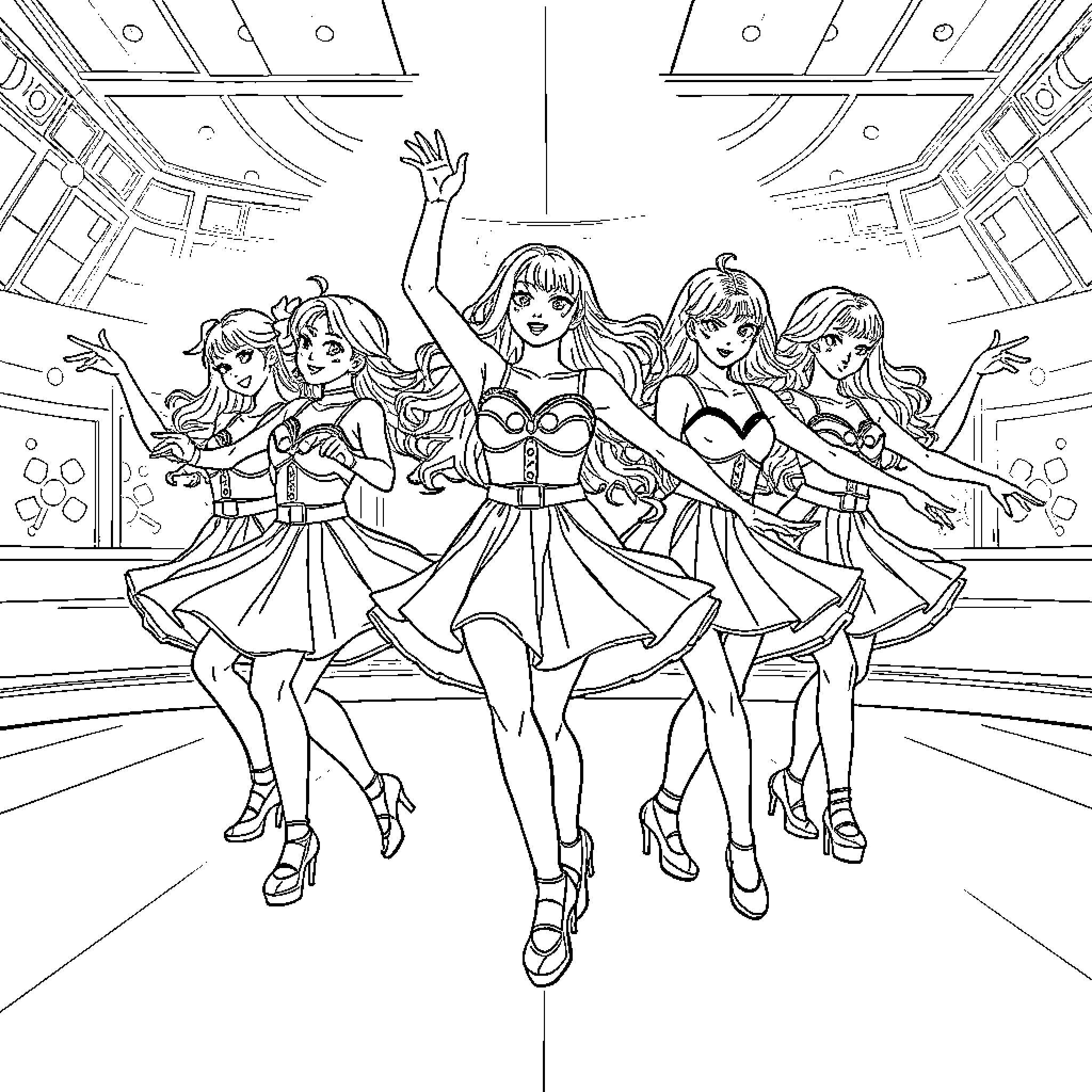 K Pop Warrior Dancers in Dynamic Performance Coloring Page (free black-and-white line drawing printable PDF for all, from beginners to advanced learners, including children, teens, adults, and seniors)