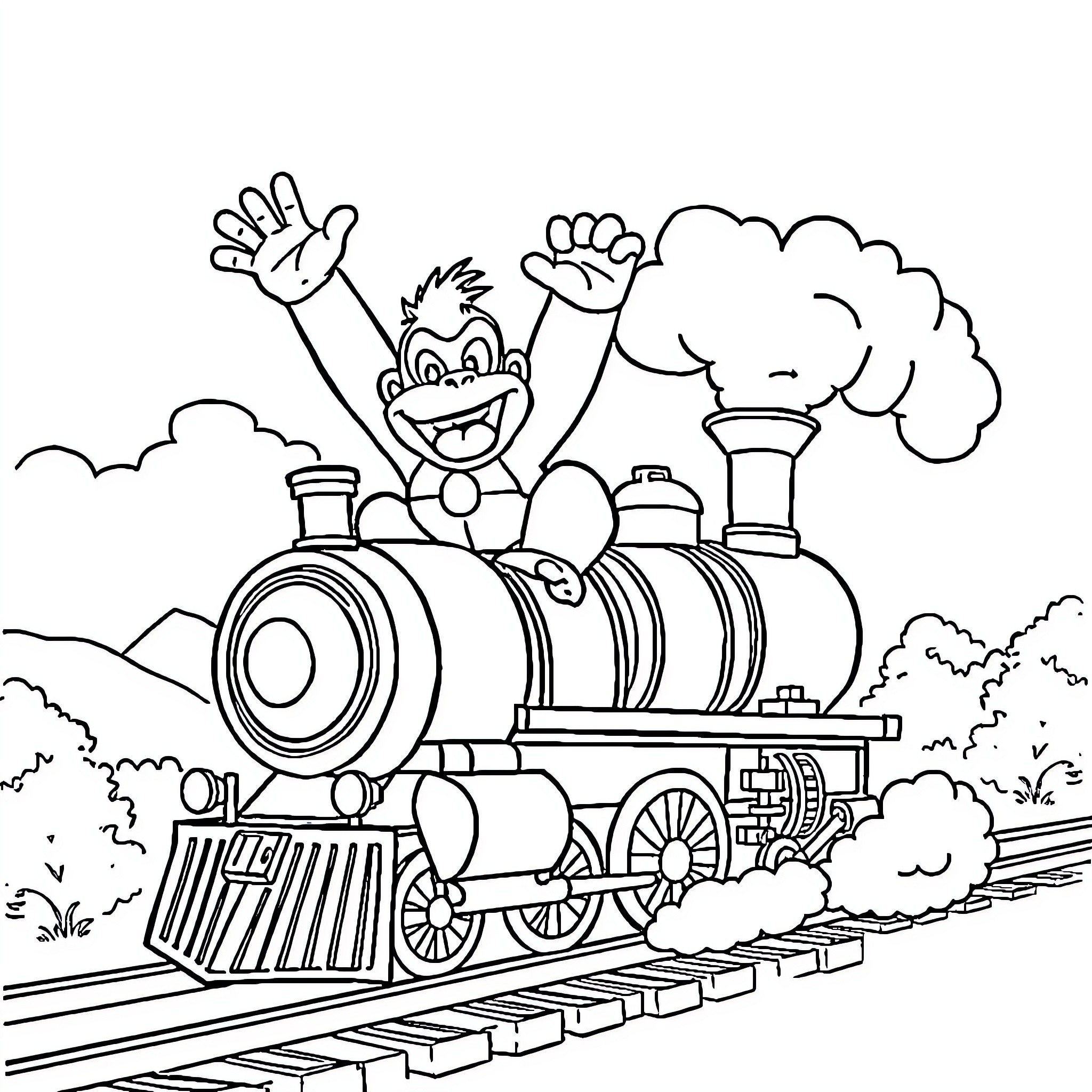 Donkey Kong riding a steam locomotive Coloring Page (free black-and-white line drawing printable PDF for all, from beginners to advanced learners, including children, teens, adults, and seniors)