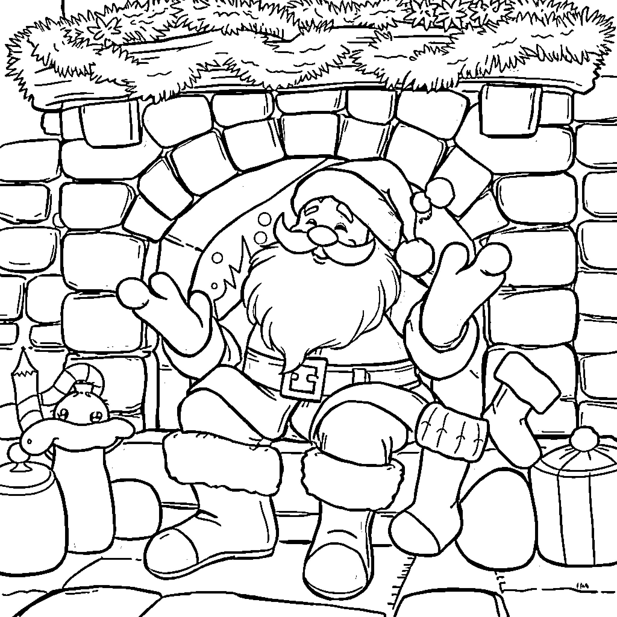 Santa Claus waving in winter wonderland Coloring Page (free black-and-white line drawing printable PDF for all, from beginners to advanced learners, including children, teens, adults, and seniors)