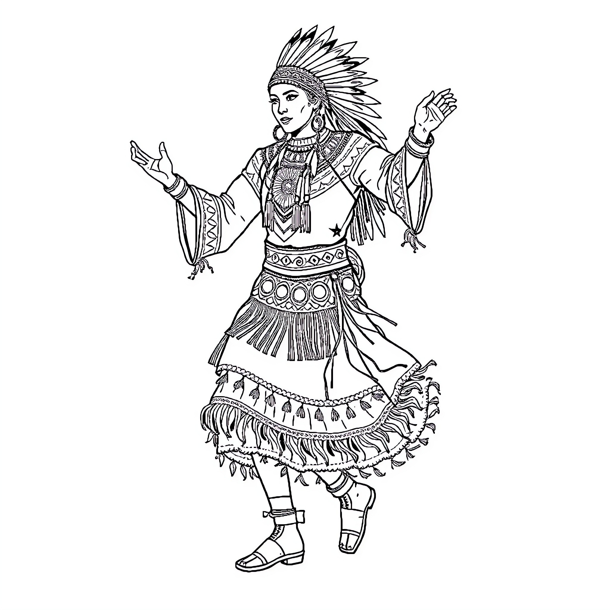 Jingle Dancer in Traditional Native American Regalia Coloring Page (free black-and-white line drawing printable PDF for all, from beginners to advanced learners, including children, teens, adults, and seniors)