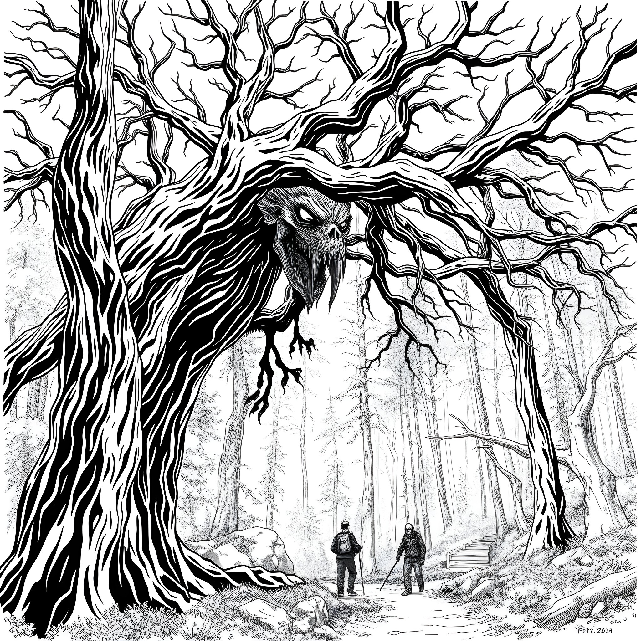 Wendigo's Haunting Forest Apparition Coloring Page (free black-and-white line drawing printable PDF for all, from beginners to advanced learners, including children, teens, adults, and seniors)