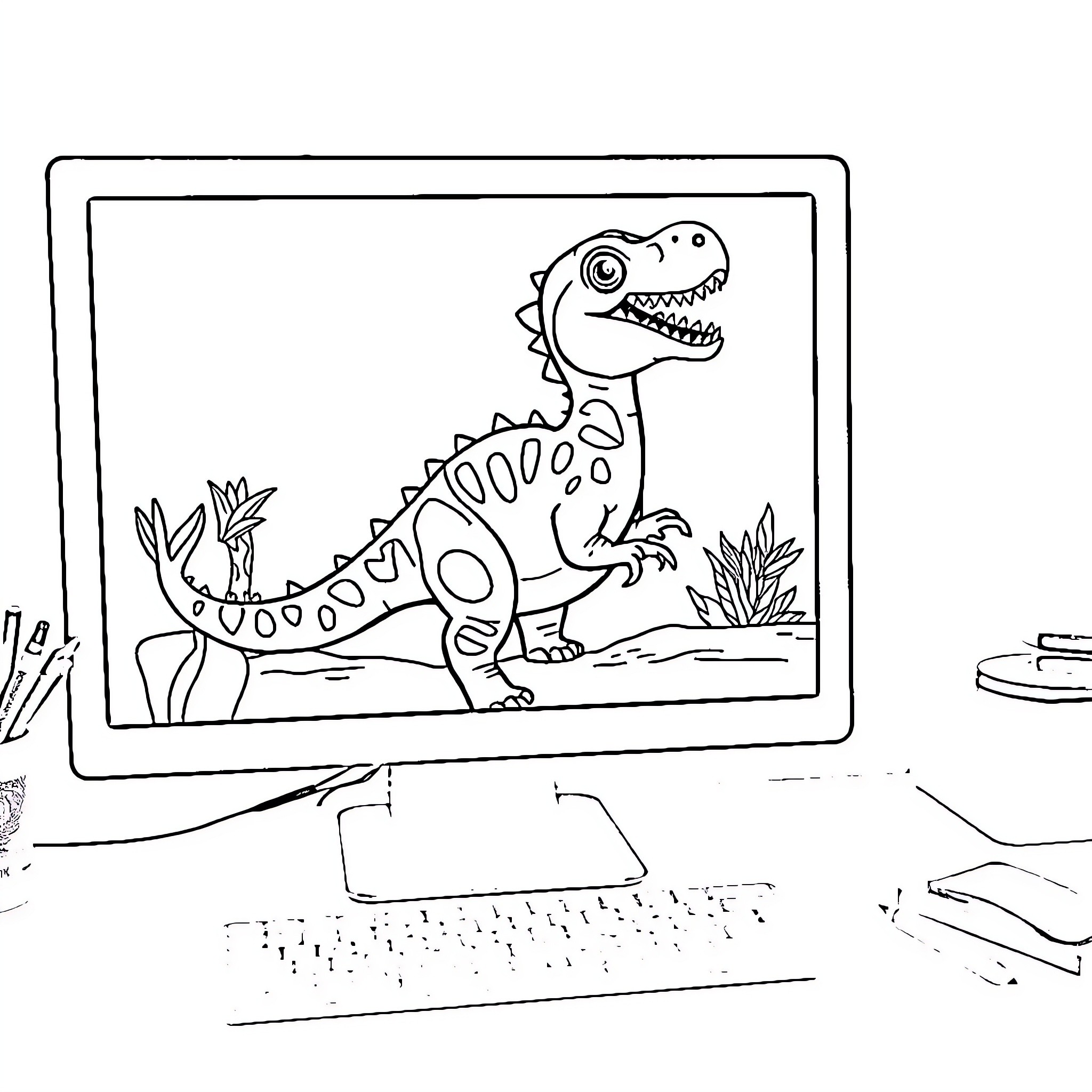 Dinosaur coloring page with a cartoon dinosaur Coloring Page (free black-and-white line drawing printable PDF for all, from beginners to advanced learners, including children, teens, adults, and seniors)