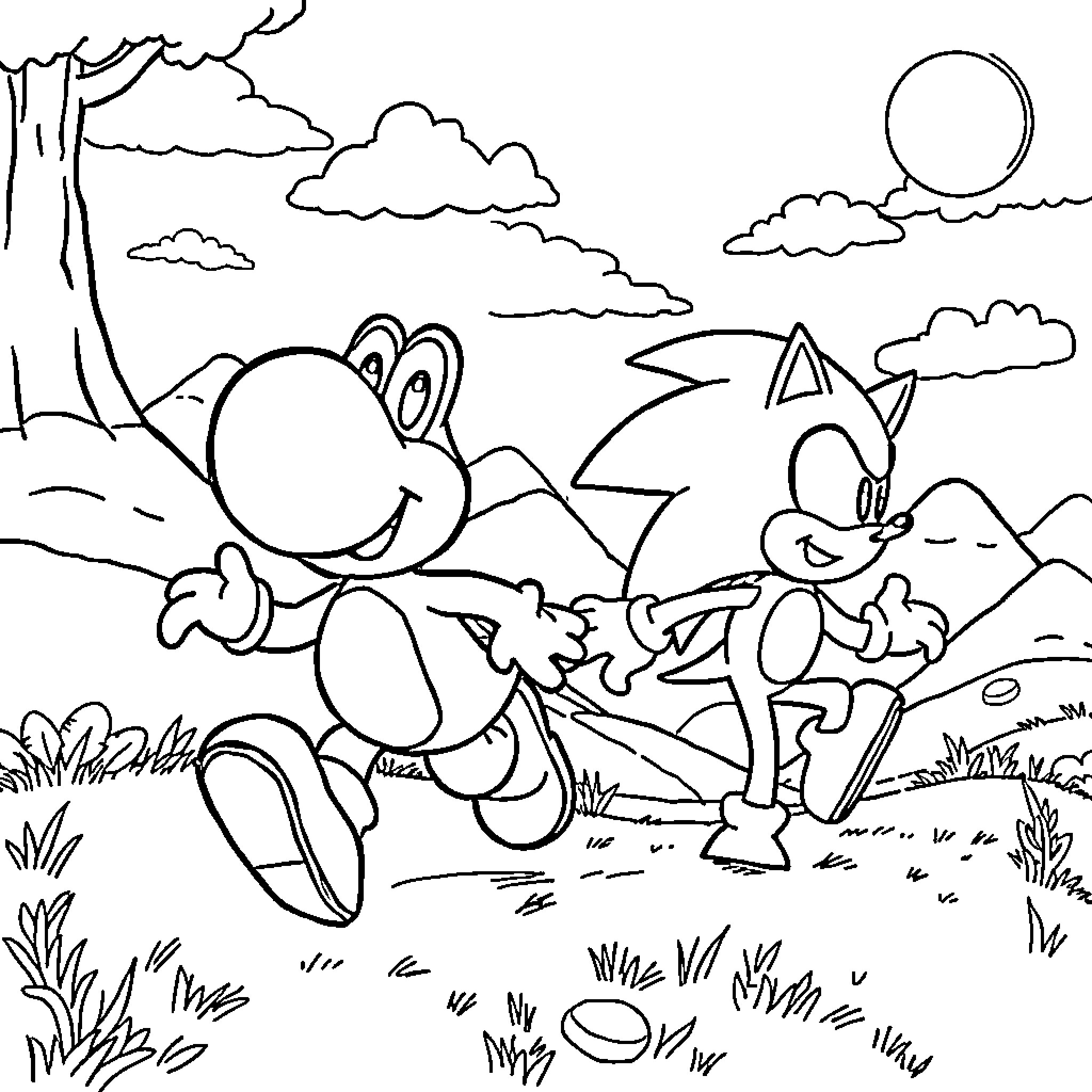 Yoshi and Sonic exploring the outdoors together Coloring Page (free black-and-white line drawing printable PDF for all, from beginners to advanced learners, including children, teens, adults, and seniors)