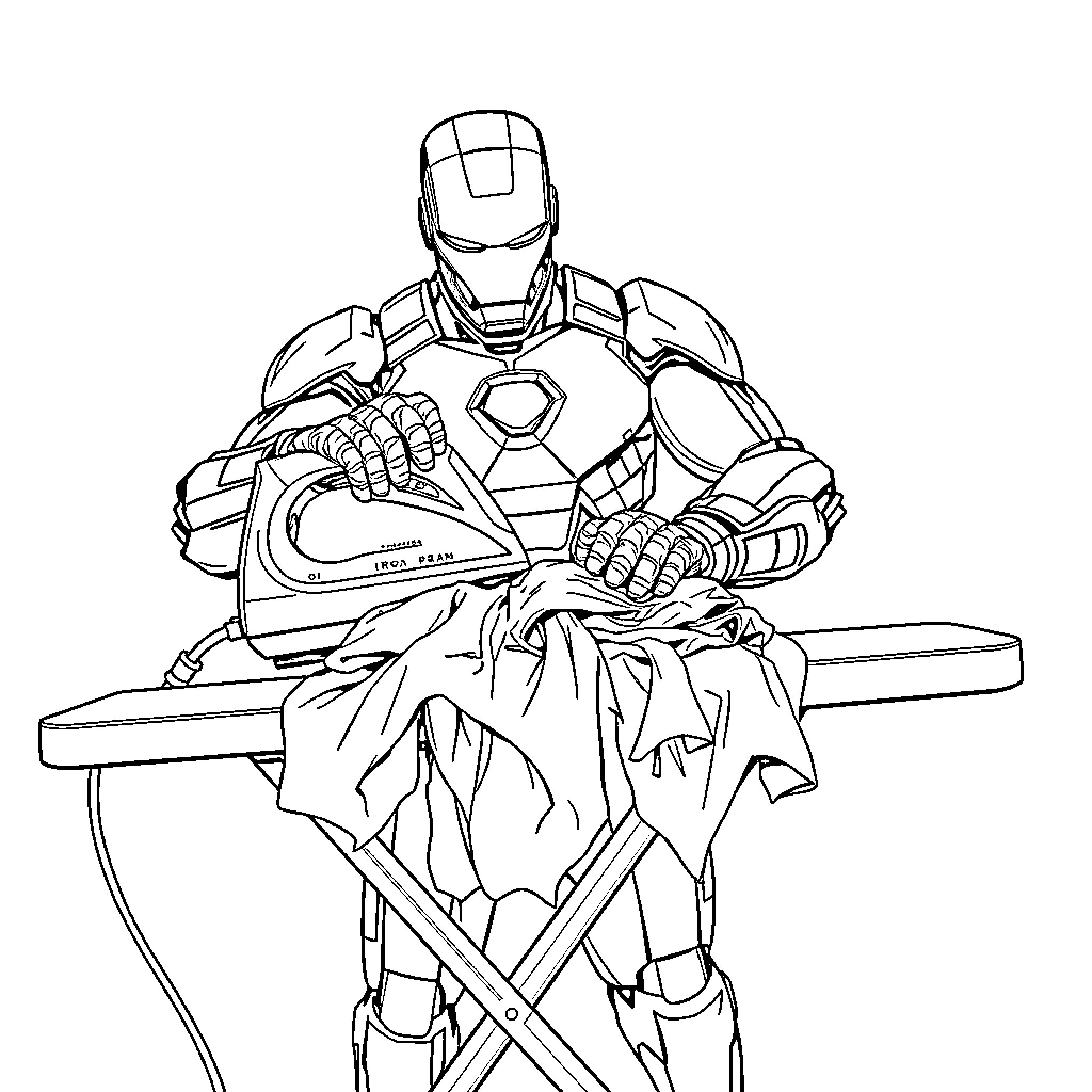 Iron Man working diligently on his suit Coloring Page (free black-and-white line drawing printable PDF for all, from beginners to advanced learners, including children, teens, adults, and seniors)