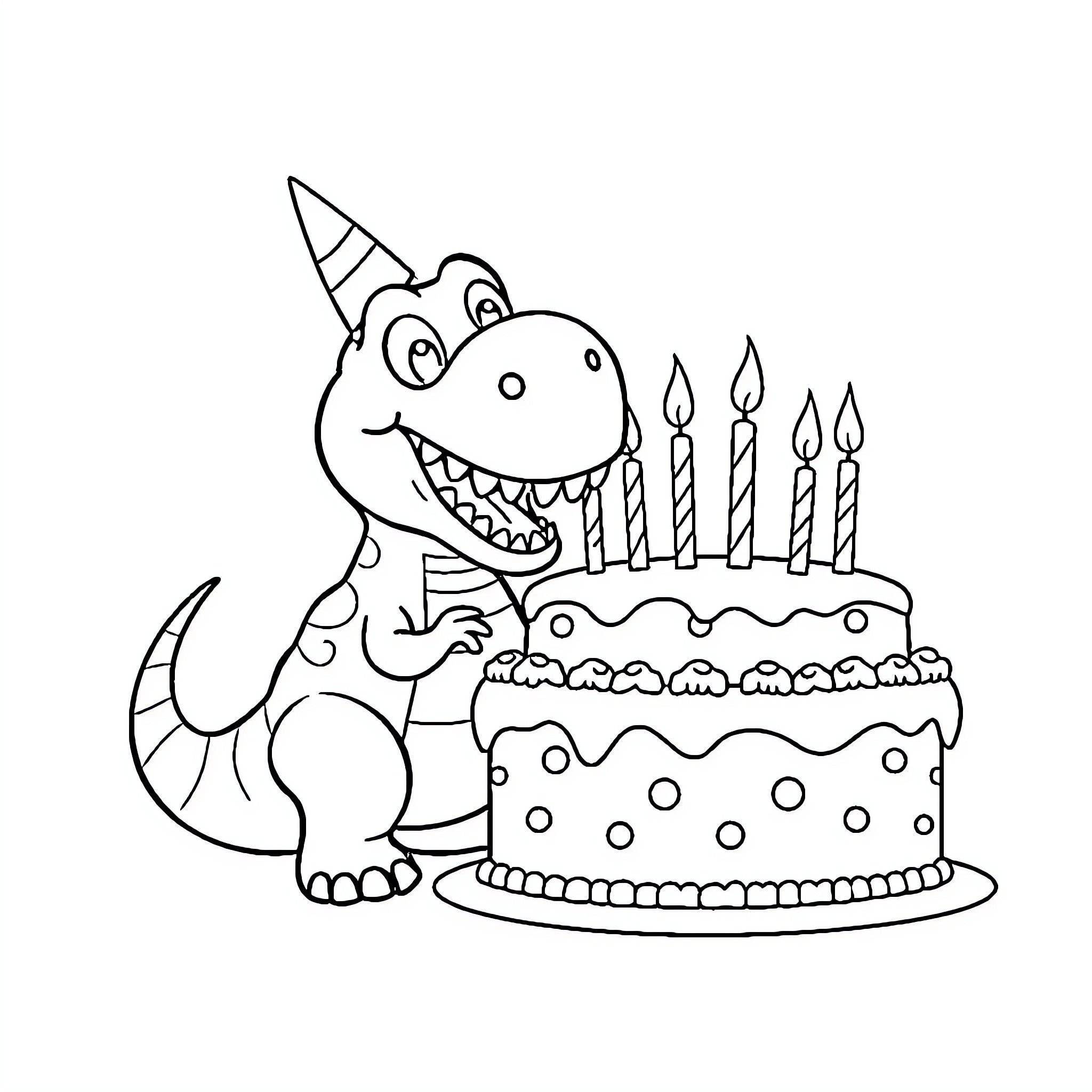 Dinosaur celebrating birthday with cake and candles Coloring Page (free black-and-white line drawing printable PDF for all, from beginners to advanced learners, including children, teens, adults, and seniors)