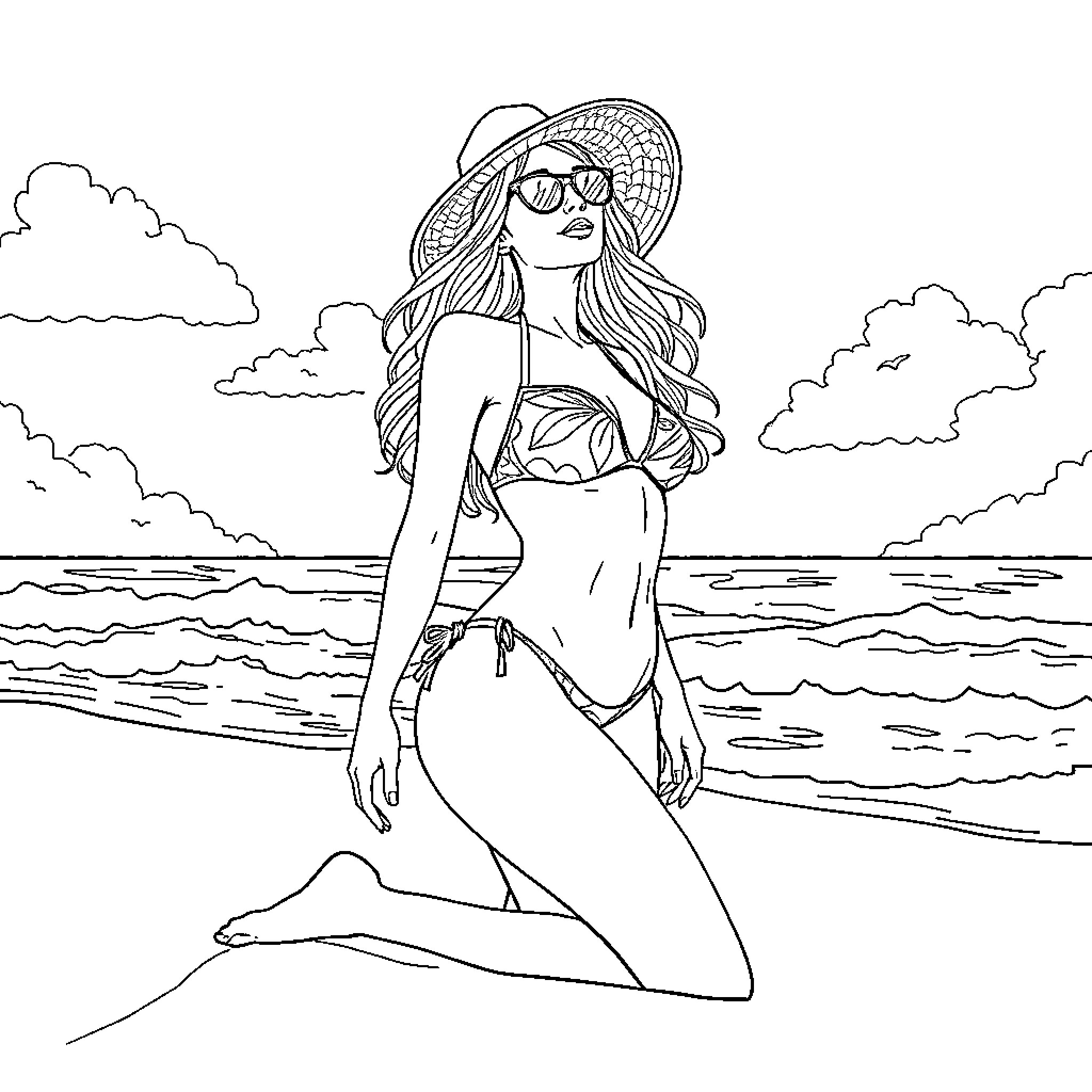 Lady enjoying a sunny day at the beach Coloring Page (free black-and-white line drawing printable PDF for all, from beginners to advanced learners, including children, teens, adults, and seniors)