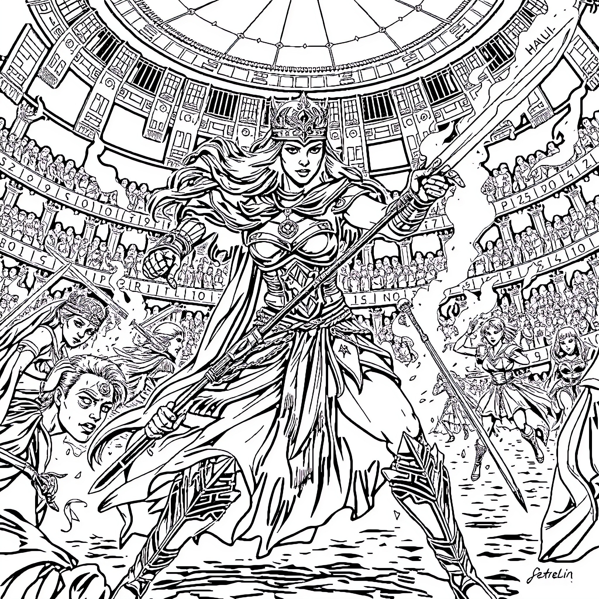 Warrior Goddess Commanding the Battlefield Coloring Page (free black-and-white line drawing printable PDF for all, from beginners to advanced learners, including children, teens, adults, and seniors)