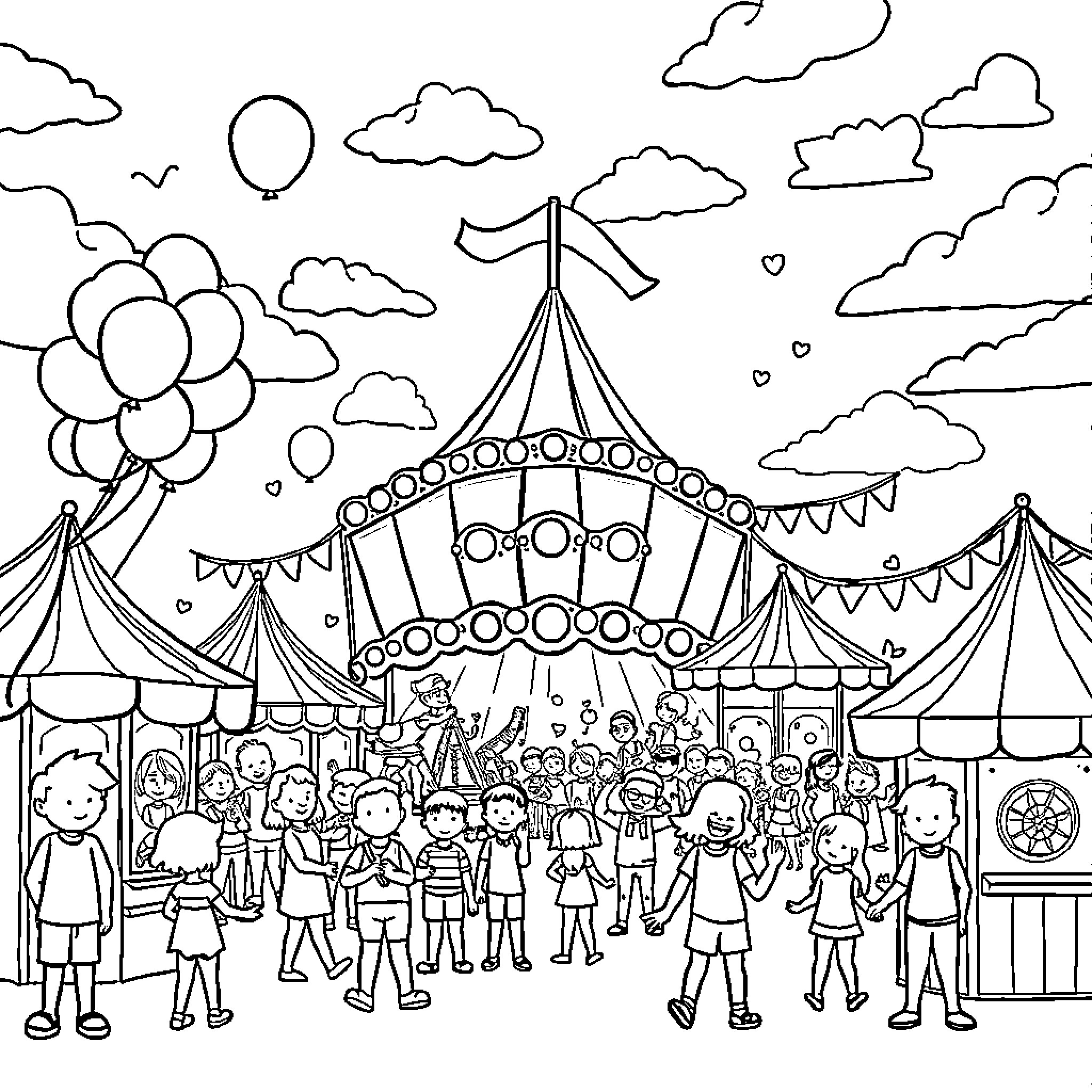 Kid's fun day at the colorful carnival Coloring Page (free black-and-white line drawing printable PDF for all, from beginners to advanced learners, including children, teens, adults, and seniors)