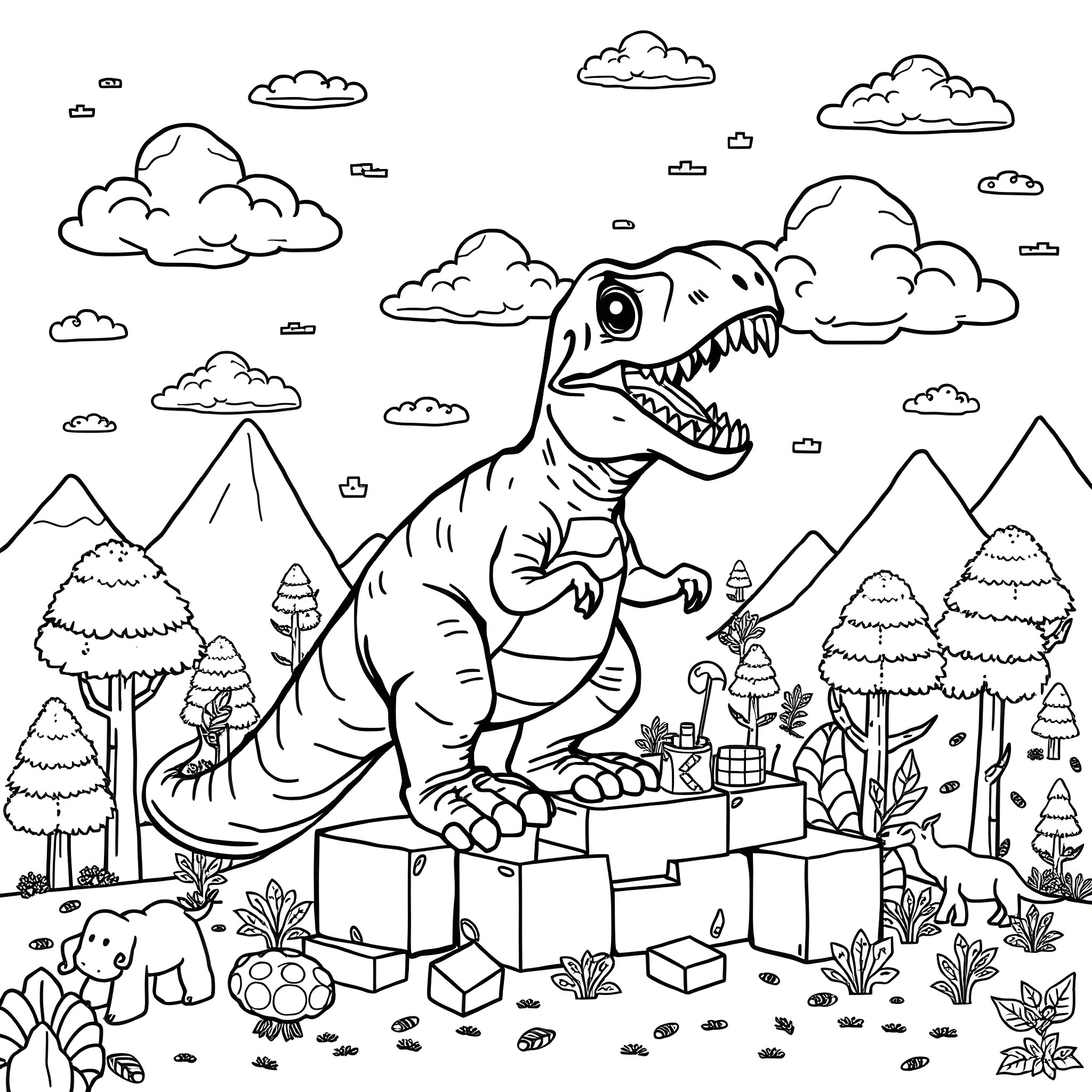 T-Rex Stomping Through a Whimsical Landscape Coloring Page (free black-and-white line drawing printable PDF for all, from beginners to advanced learners, including children, teens, adults, and seniors)