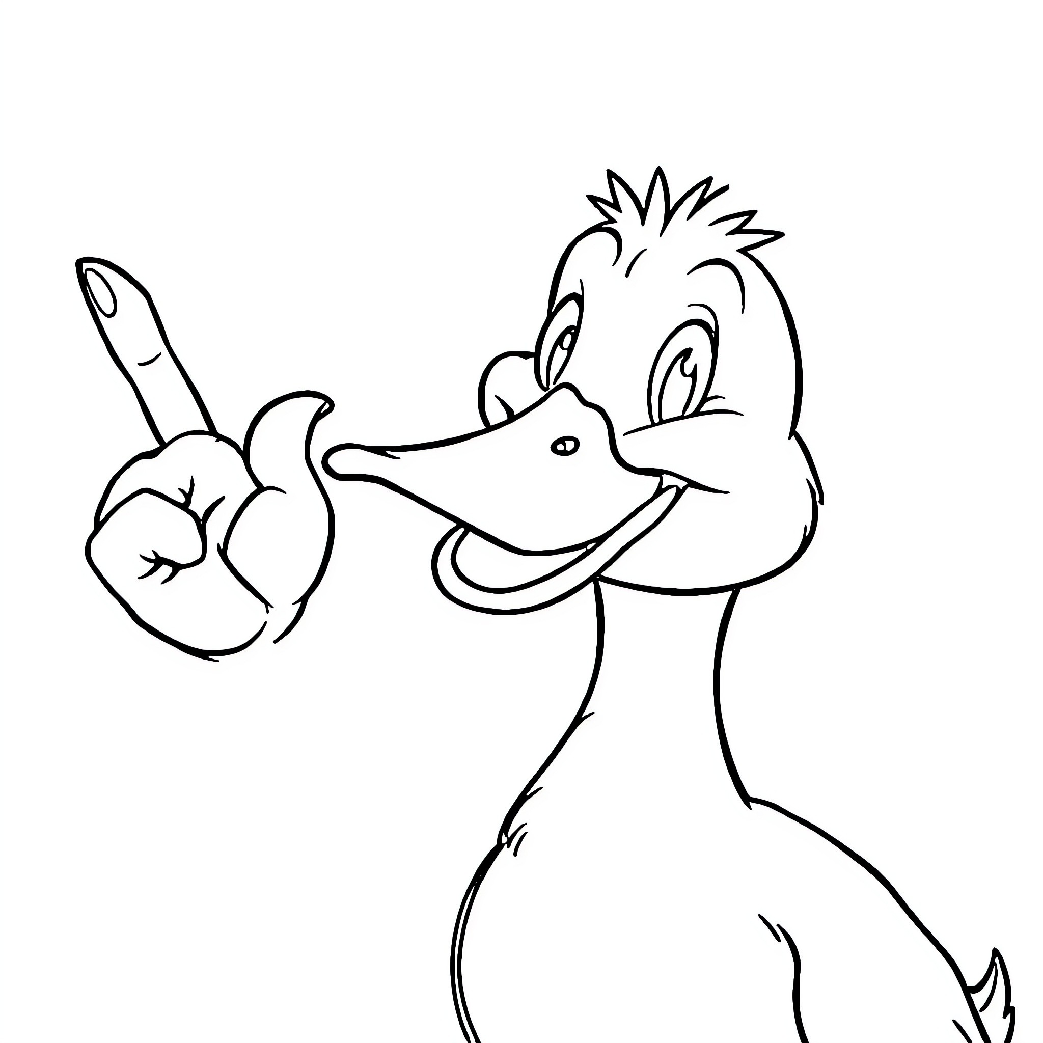 Duck making a peace sign with its wing Coloring Page (free black-and-white line drawing printable PDF for all, from beginners to advanced learners, including children, teens, adults, and seniors)