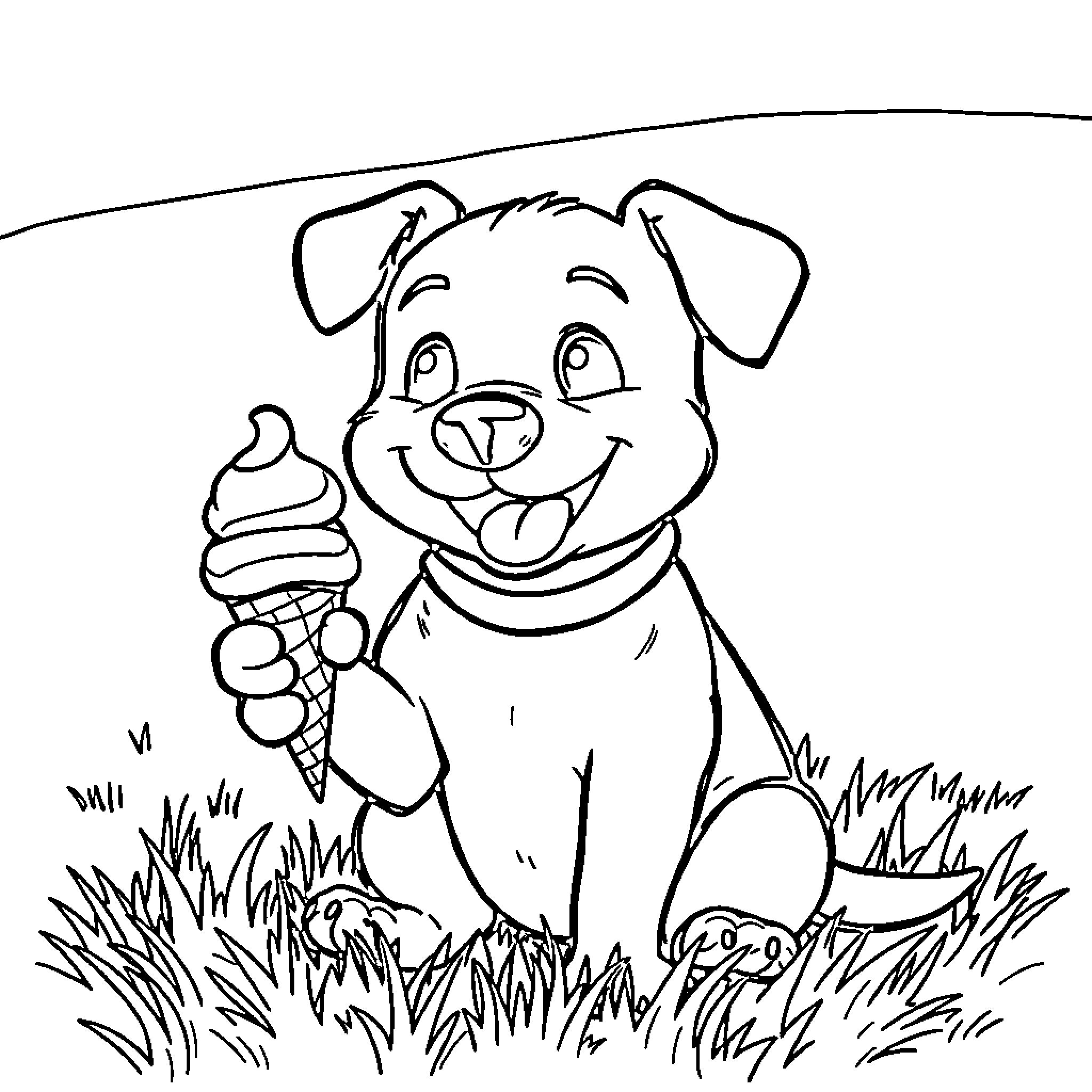 Dog enjoying ice cream cone in grassy field Coloring Page (free black-and-white line drawing printable PDF for all, from beginners to advanced learners, including children, teens, adults, and seniors)