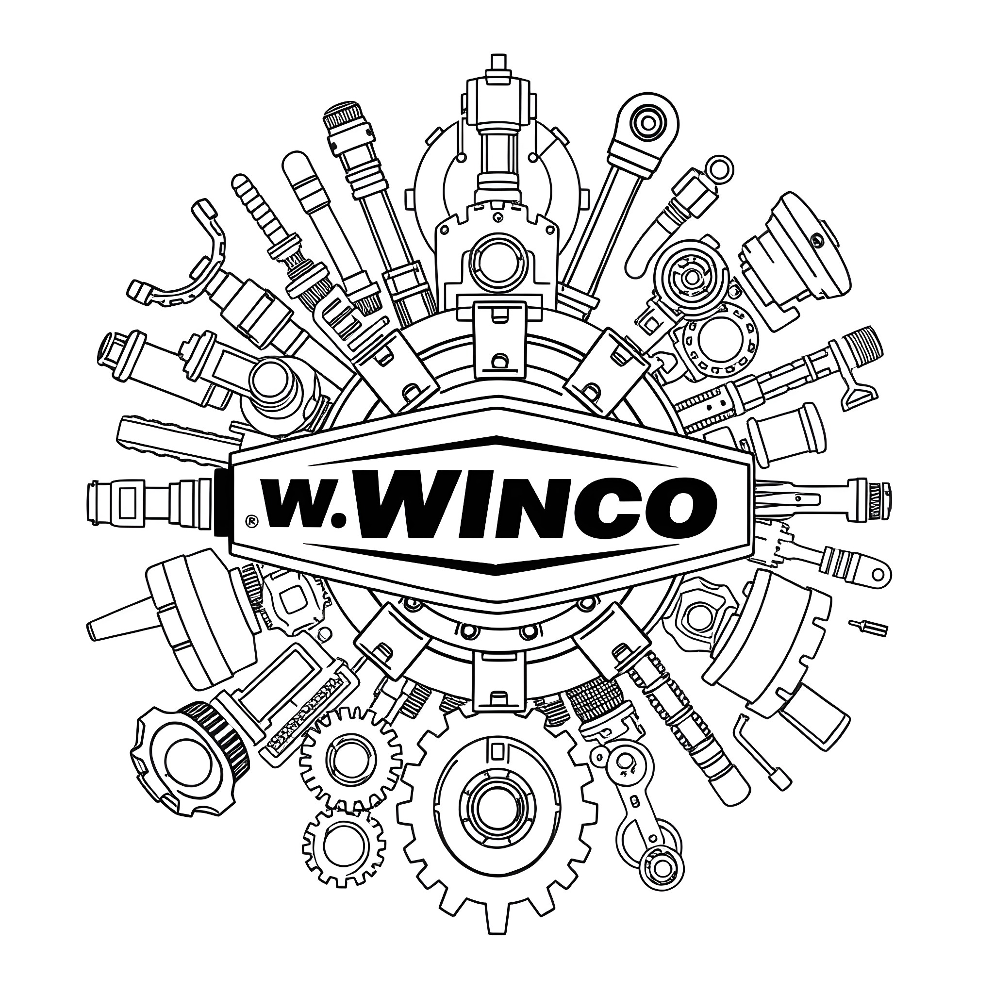 Logo of Mechanical Tools and Parts Surrounded by W. WINCO Coloring Page (free black-and-white line drawing printable PDF for all, from beginners to advanced learners, including children, teens, adults, and seniors)