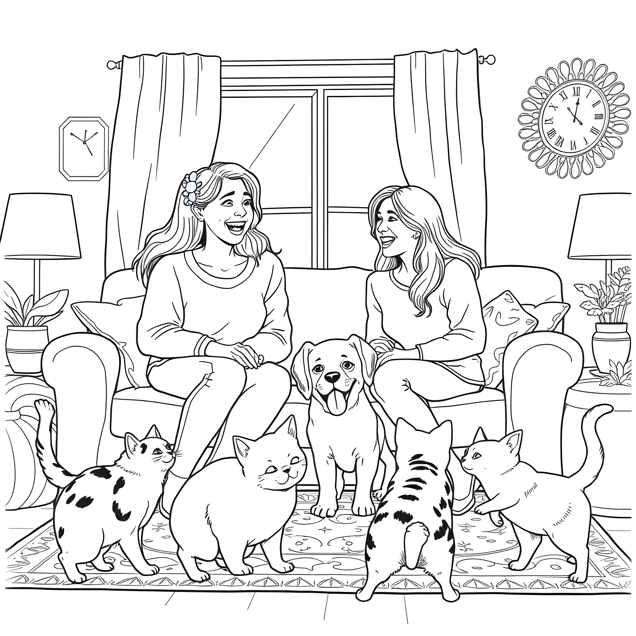 Family Enjoying Time with Pets at Home Coloring Page (free black-and-white line drawing printable PDF for all, from beginners to advanced learners, including children, teens, adults, and seniors)