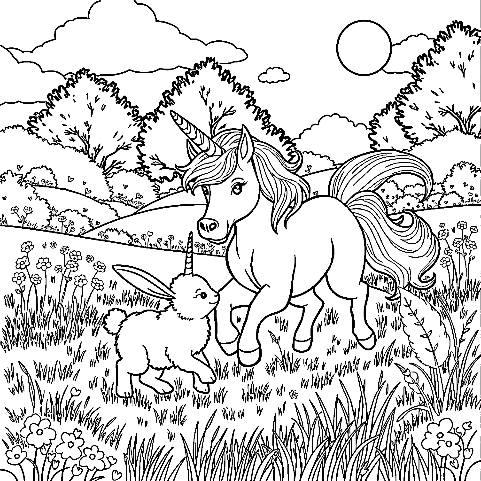 Unicorn Dog exploring a magical forest with a bunny Coloring Page (free black-and-white line drawing printable PDF for all, from beginners to advanced learners, including children, teens, adults, and seniors)