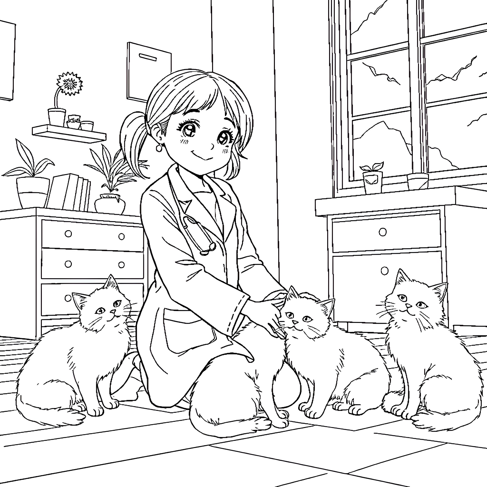 Girl playing with kittens in cozy home setting Coloring Page (free black-and-white line drawing printable PDF for all, from beginners to advanced learners, including children, teens, adults, and seniors)