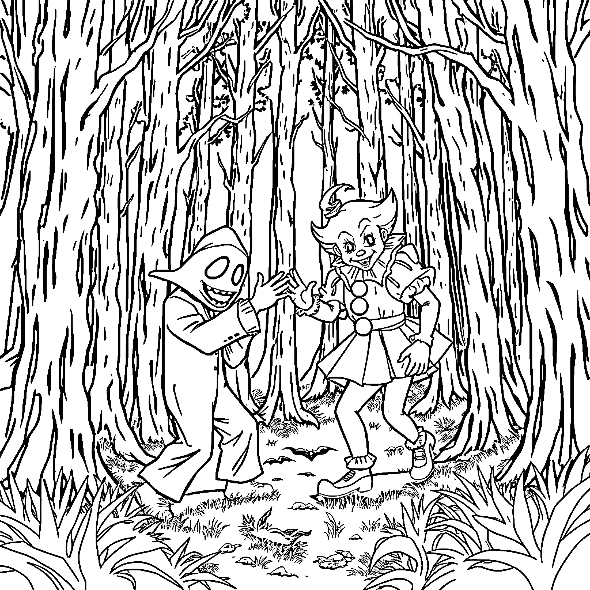 Ghostface characters in a spooky forest scene Coloring Page (free black-and-white line drawing printable PDF for all, from beginners to advanced learners, including children, teens, adults, and seniors)