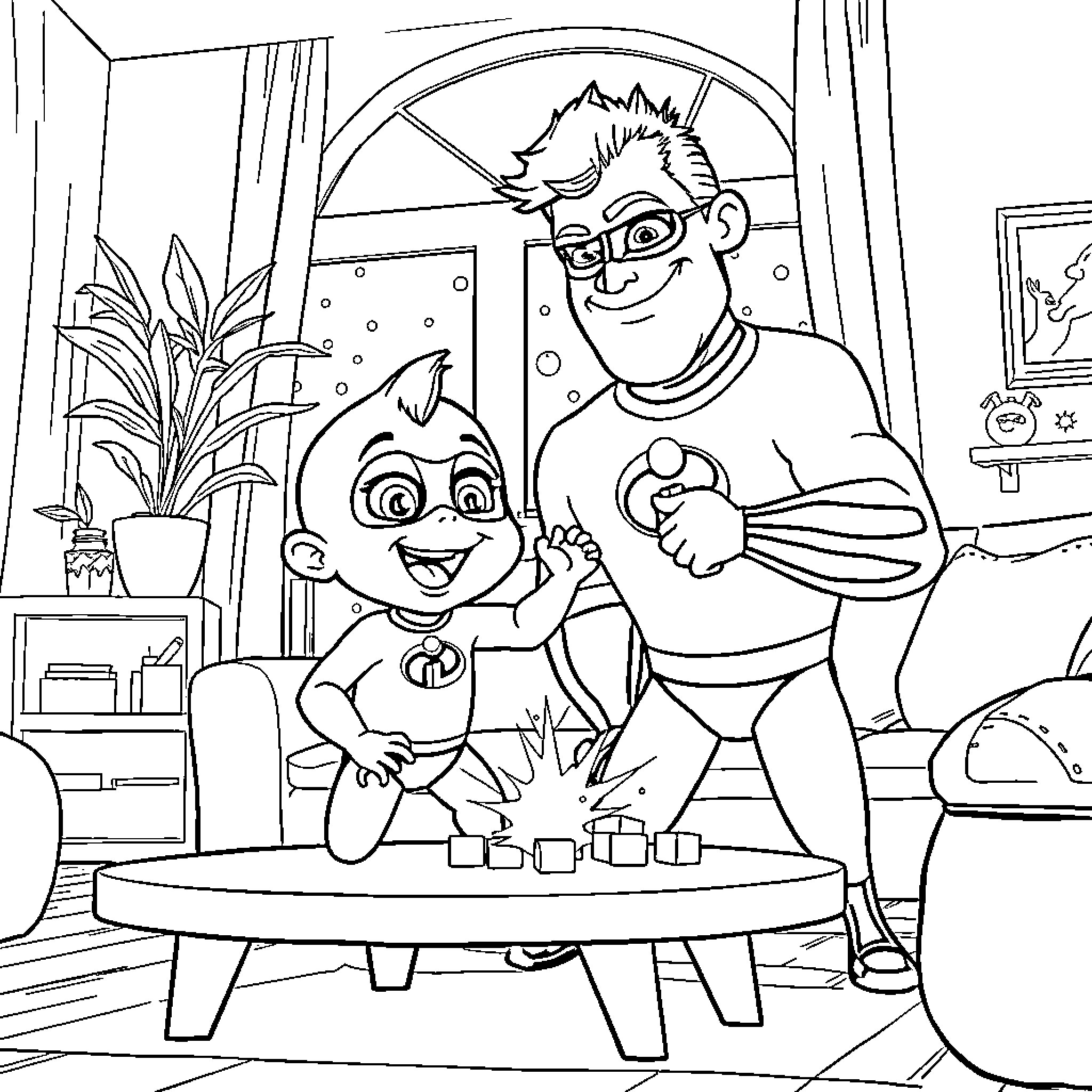 Jack Jack playing with dad at home Coloring Page (free black-and-white line drawing printable PDF for all, from beginners to advanced learners, including children, teens, adults, and seniors)