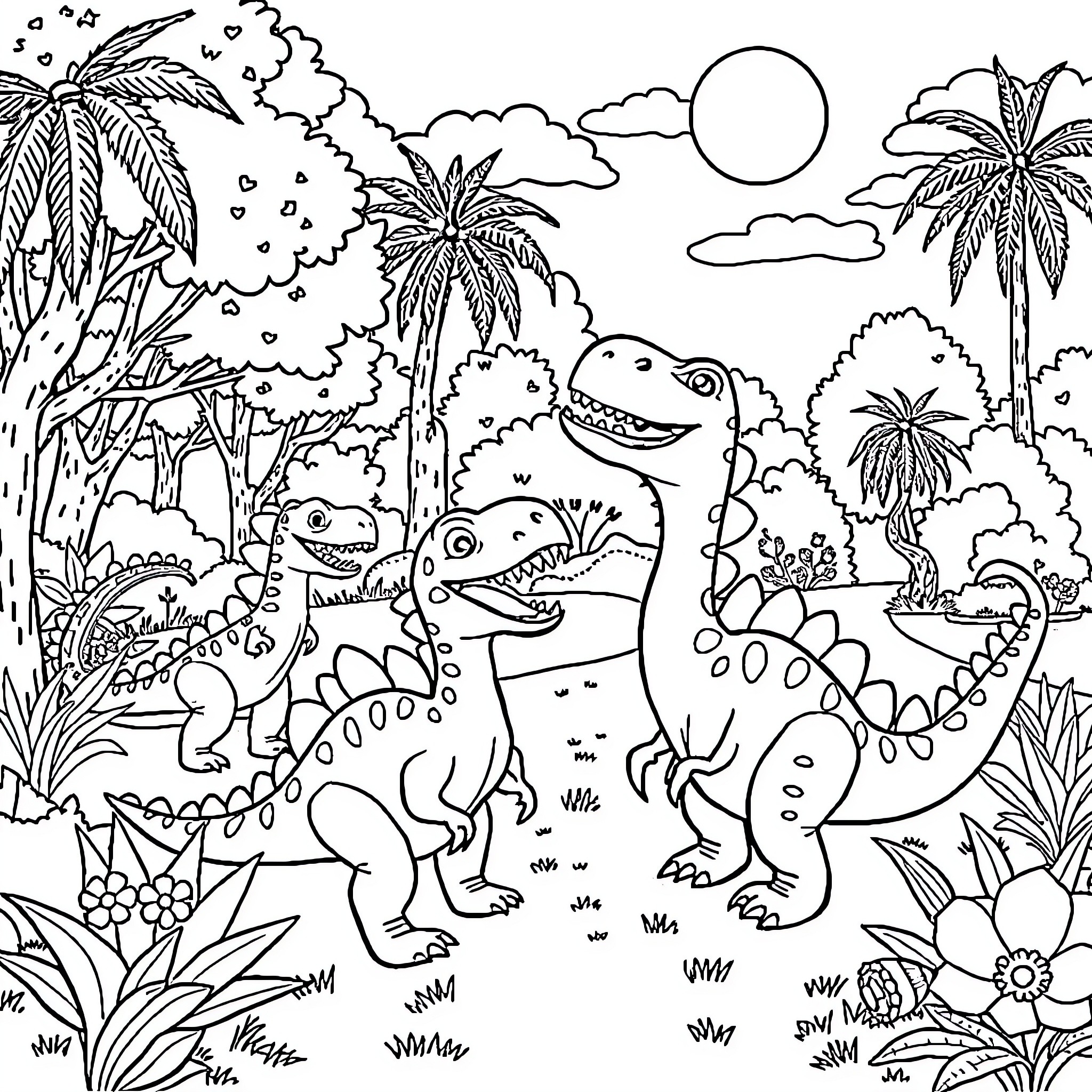 Dinosaurs exploring the tropical landscape Coloring Page (free black-and-white line drawing printable PDF for all, from beginners to advanced learners, including children, teens, adults, and seniors)