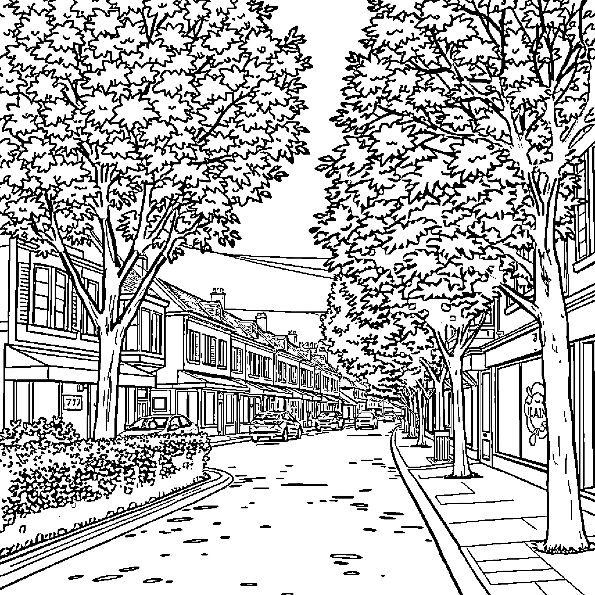 Bellingham street scene with trees and buildings Coloring Page (free black-and-white line drawing printable PDF for all, from beginners to advanced learners, including children, teens, adults, and seniors)