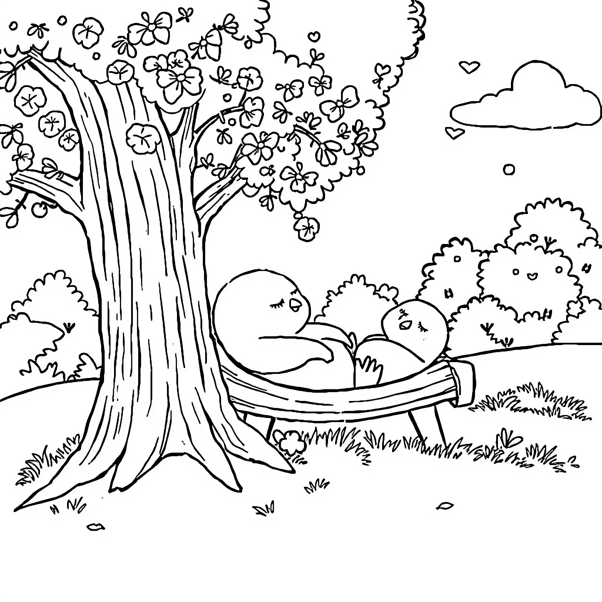 Pheasant resting peacefully under blooming tree Coloring Page (free black-and-white line drawing printable PDF for all, from beginners to advanced learners, including children, teens, adults, and seniors)