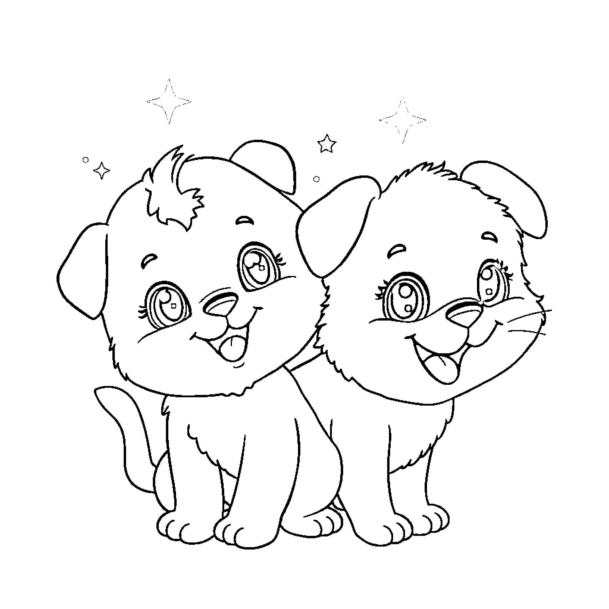 Baby Animal Puppies Playing Under the Stars Coloring Page (free black-and-white line drawing printable PDF for all, from beginners to advanced learners, including children, teens, adults, and seniors)