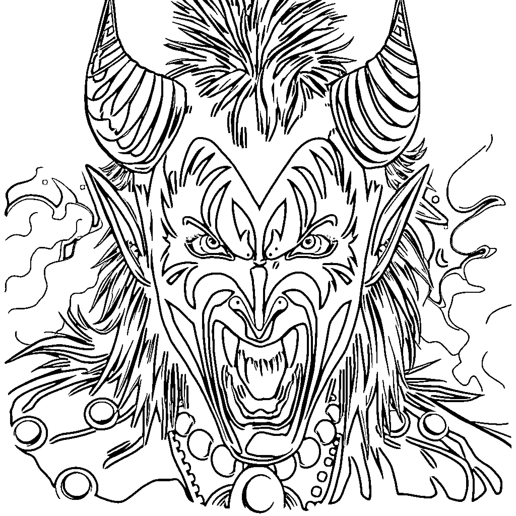Demon with Fearsome Expression and Ornate Attire Coloring Page (free black-and-white line drawing printable PDF for all, from beginners to advanced learners, including children, teens, adults, and seniors)