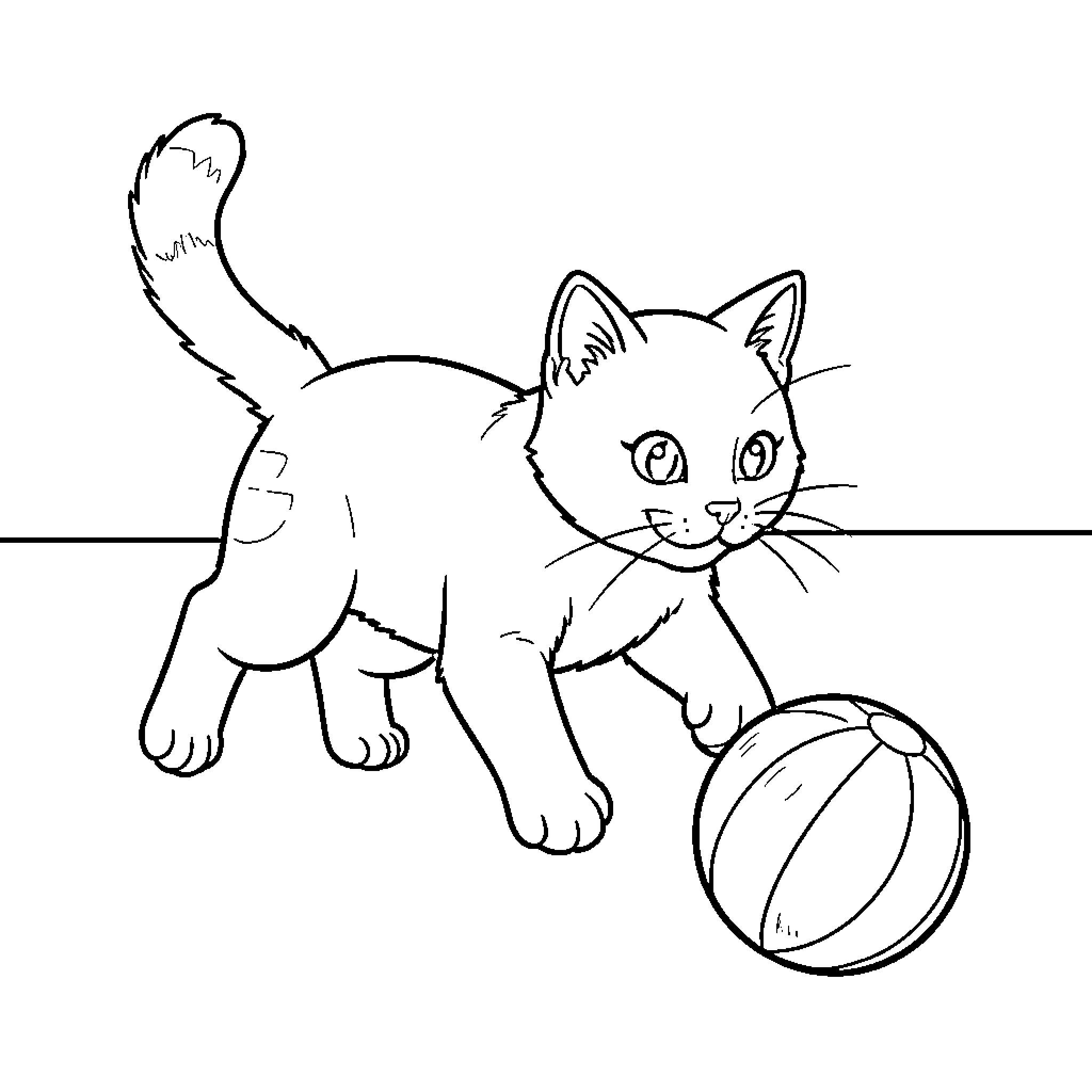 Gato playing with ball in the room Coloring Page (free black-and-white line drawing printable PDF for all, from beginners to advanced learners, including children, teens, adults, and seniors)
