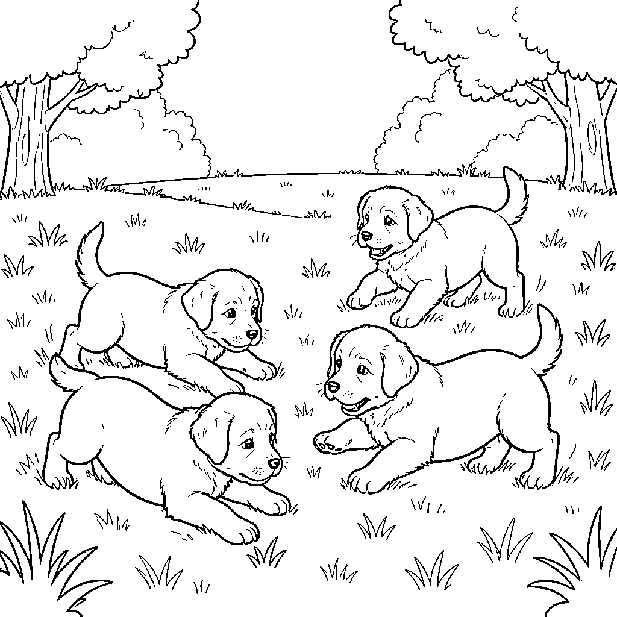 Puppy siblings playing together in a grassy field Coloring Page (free black-and-white line drawing printable PDF for all, from beginners to advanced learners, including children, teens, adults, and seniors)