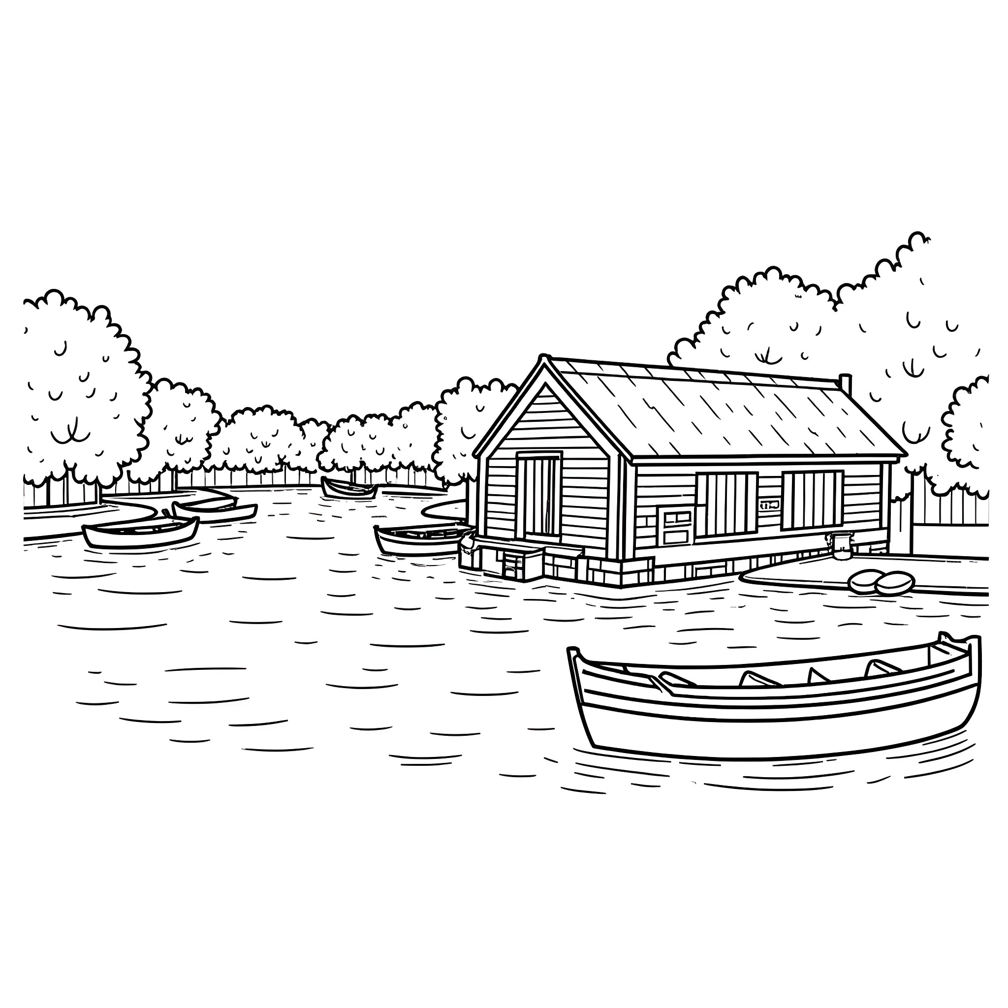 Boathouse with Boat on the Lake Coloring Page (free black-and-white line drawing printable PDF for all, from beginners to advanced learners, including children, teens, adults, and seniors)