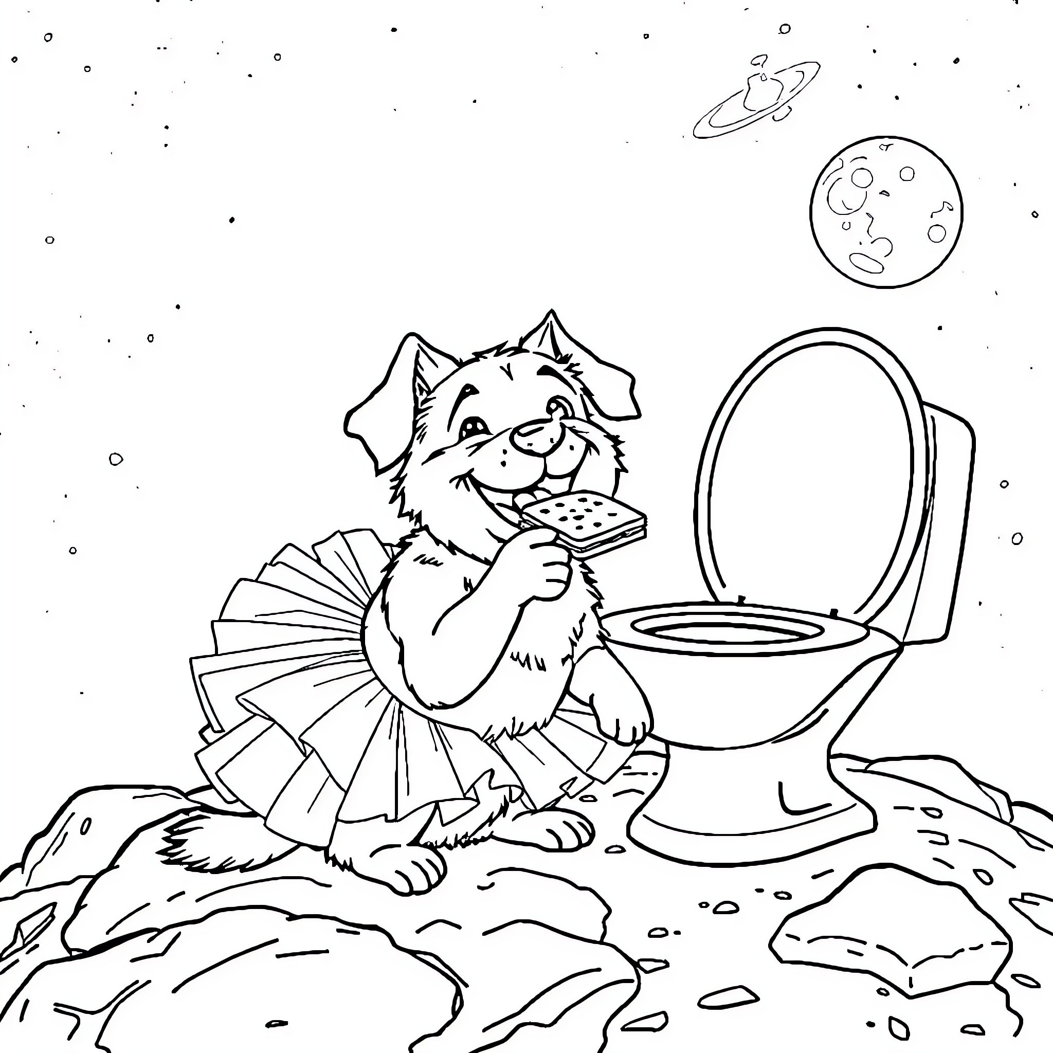 Dog doing its business in space Coloring Page (free black-and-white line drawing printable PDF for all, from beginners to advanced learners, including children, teens, adults, and seniors)