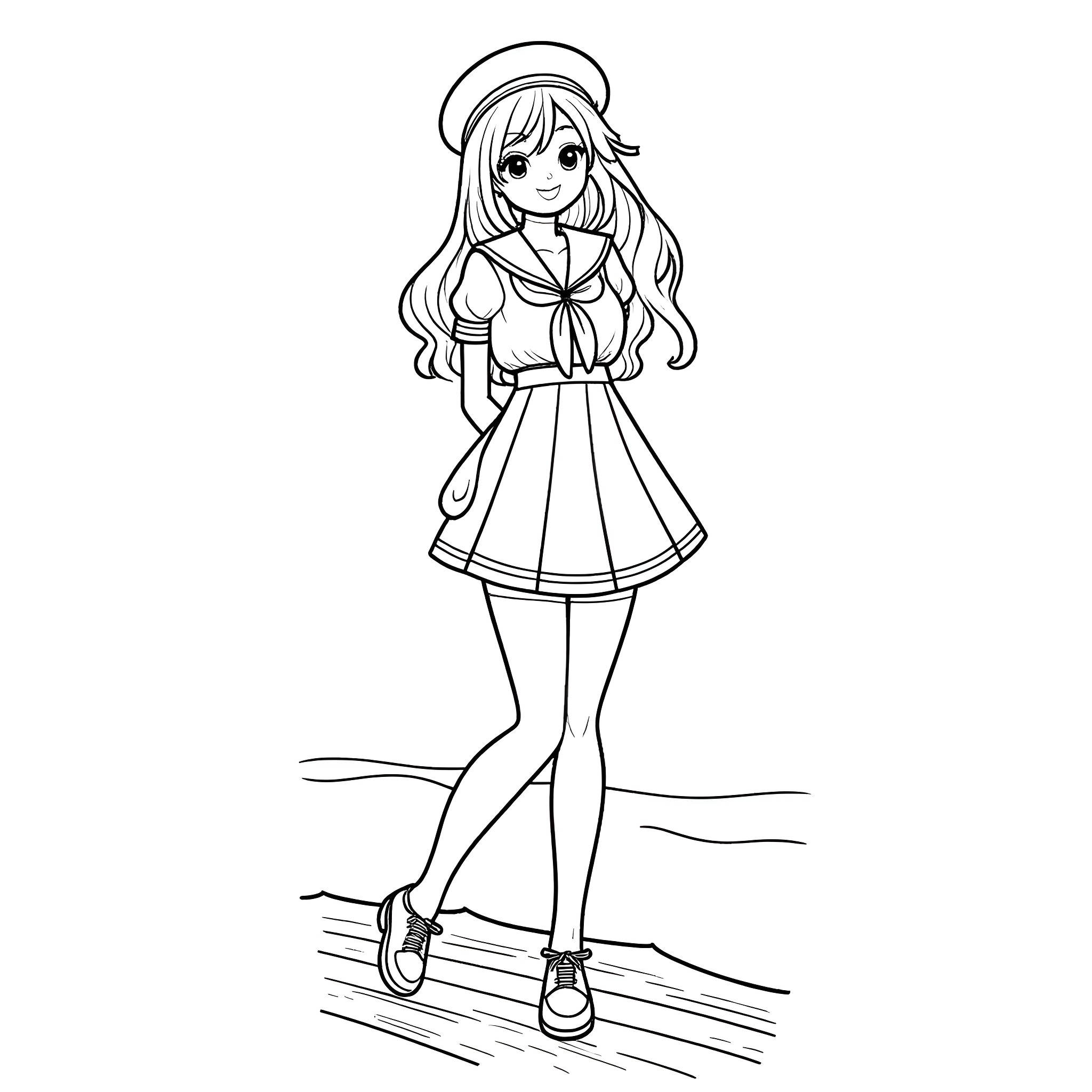 Sailor Girl in Cute Outfit Coloring Page (free black-and-white line drawing printable PDF for all, from beginners to advanced learners, including children, teens, adults, and seniors)