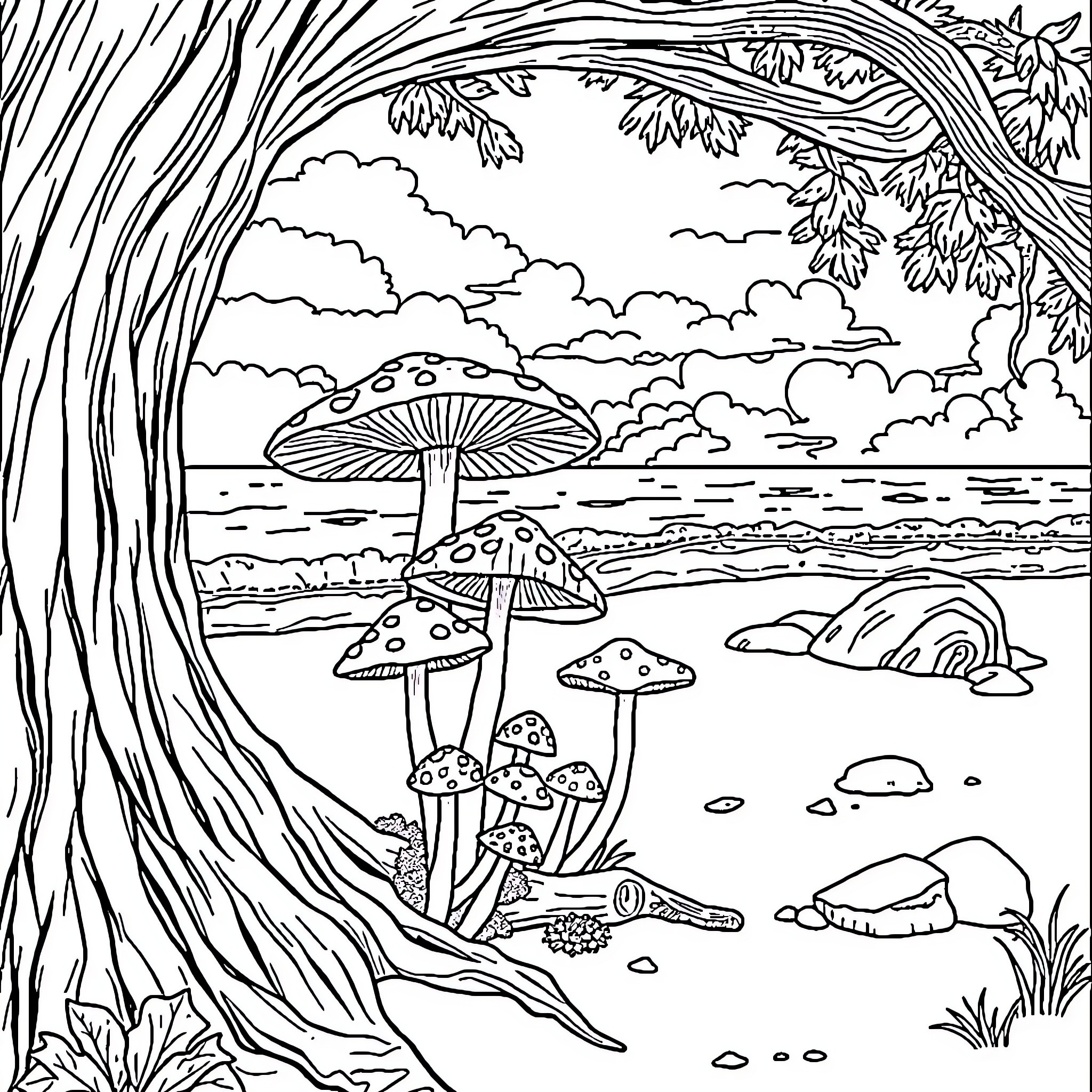 Mushroom-filled forest scene with whimsical elements Coloring Page (free black-and-white line drawing printable PDF for all, from beginners to advanced learners, including children, teens, adults, and seniors)