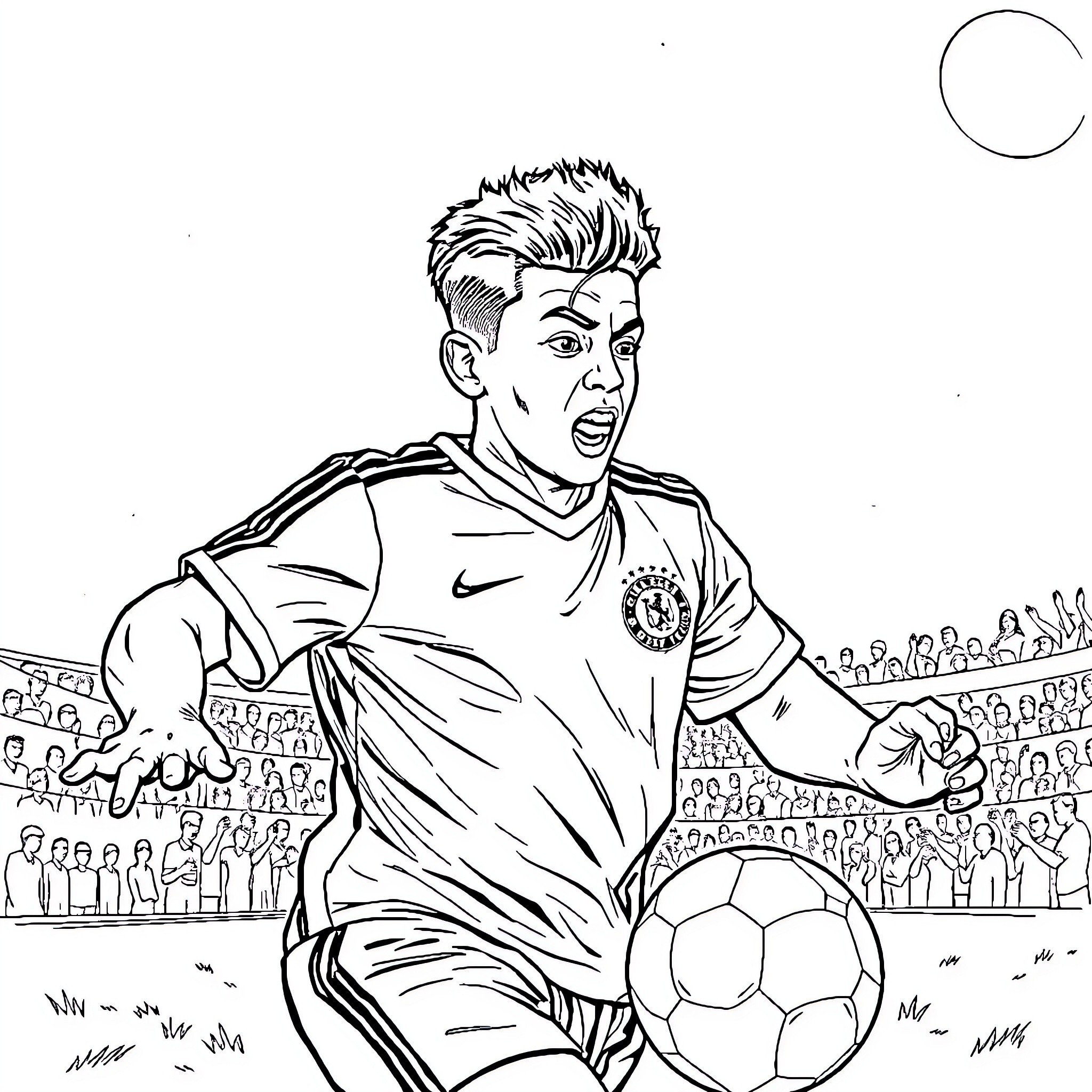 Soccer Player Celebrating Goal on Field Coloring Page (free black-and-white line drawing printable PDF for all, from beginners to advanced learners, including children, teens, adults, and seniors)