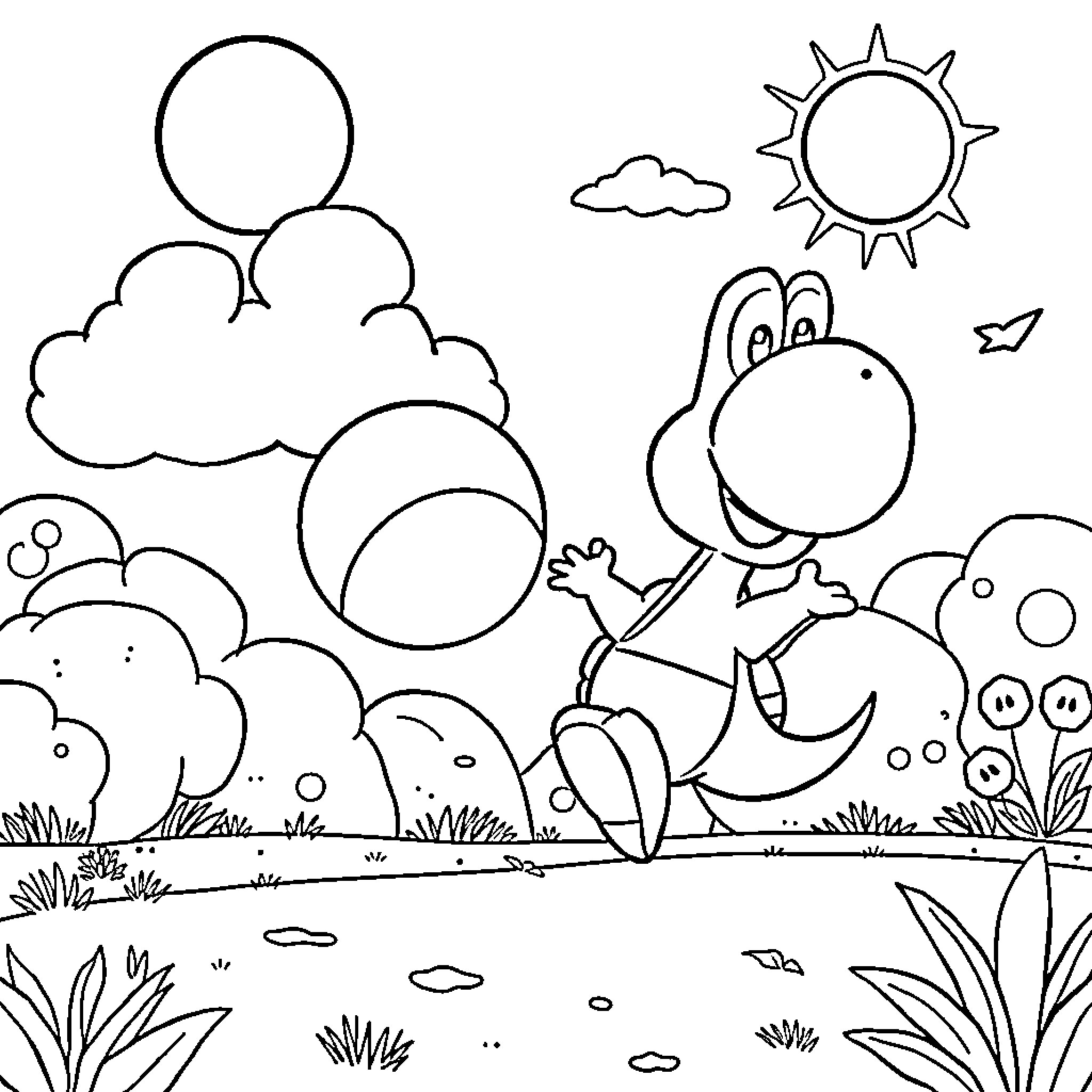 Burt's Outdoor Adventure Coloring Page (free black-and-white line drawing printable PDF for all, from beginners to advanced learners, including children, teens, adults, and seniors)