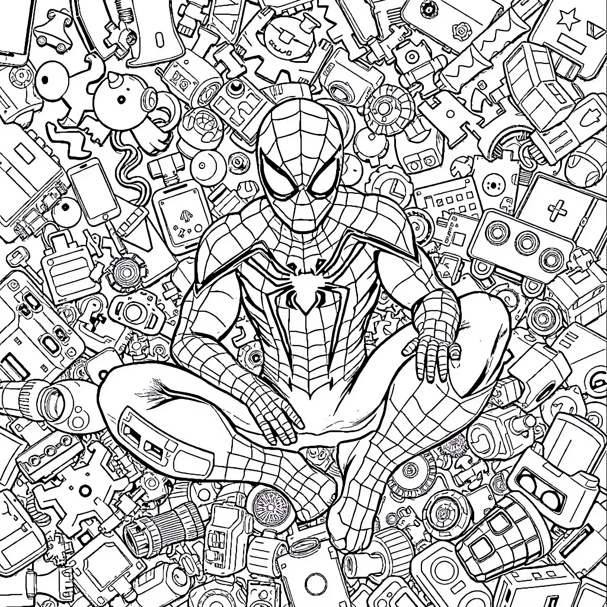 Spider-Man: Heroic Poses Amidst Tech Chaos Coloring Page (free black-and-white line drawing printable PDF for all, from beginners to advanced learners, including children, teens, adults, and seniors)