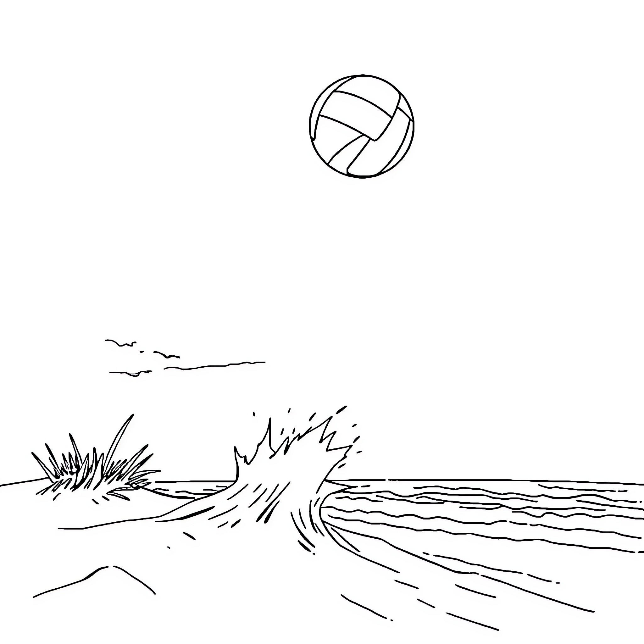 Volleyball on the Beach Coloring Page (free black-and-white line drawing printable PDF for all, from beginners to advanced learners, including children, teens, adults, and seniors)