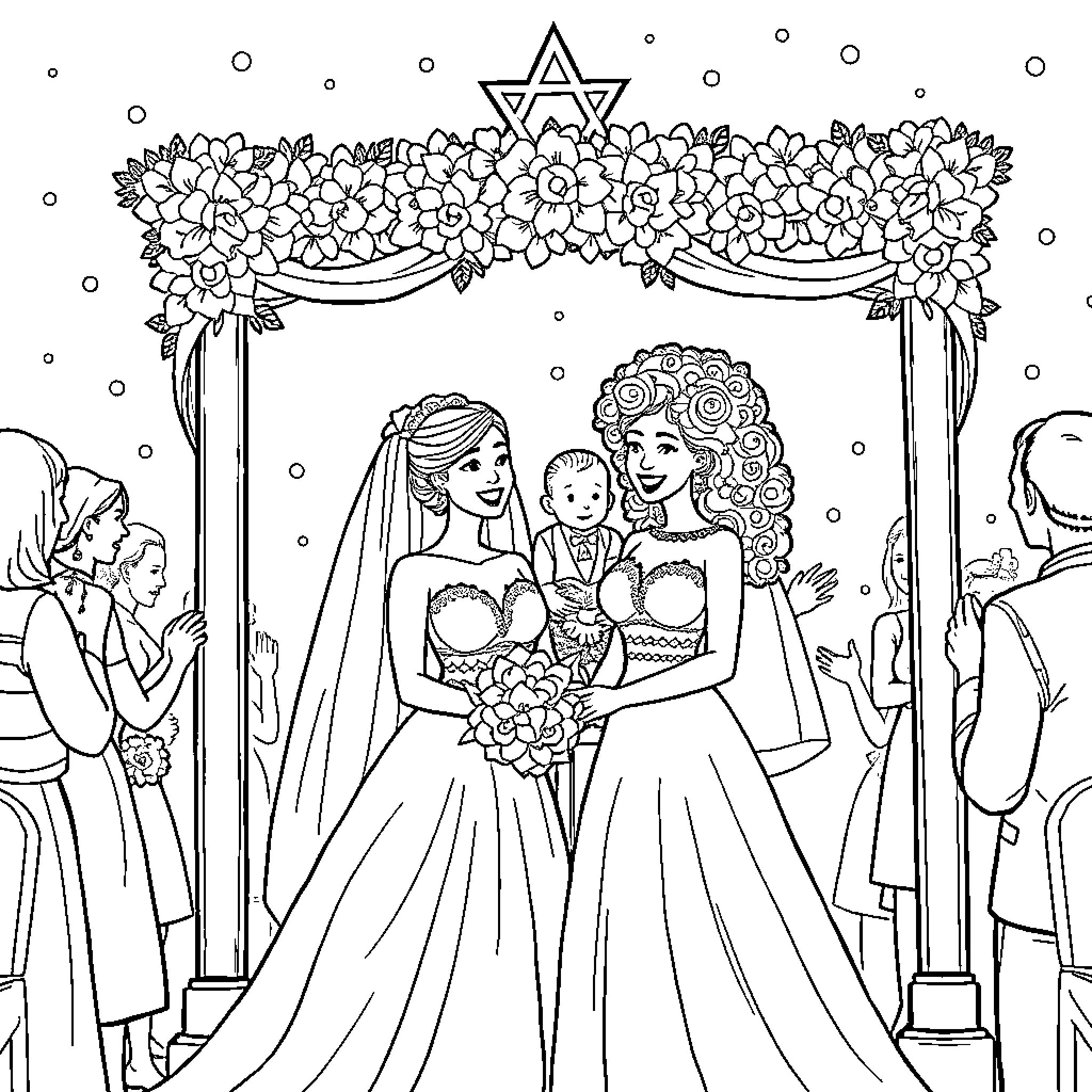 Bride's Joyful Wedding Celebration with Loved Ones Coloring Page (free black-and-white line drawing printable PDF for all, from beginners to advanced learners, including children, teens, adults, and seniors)