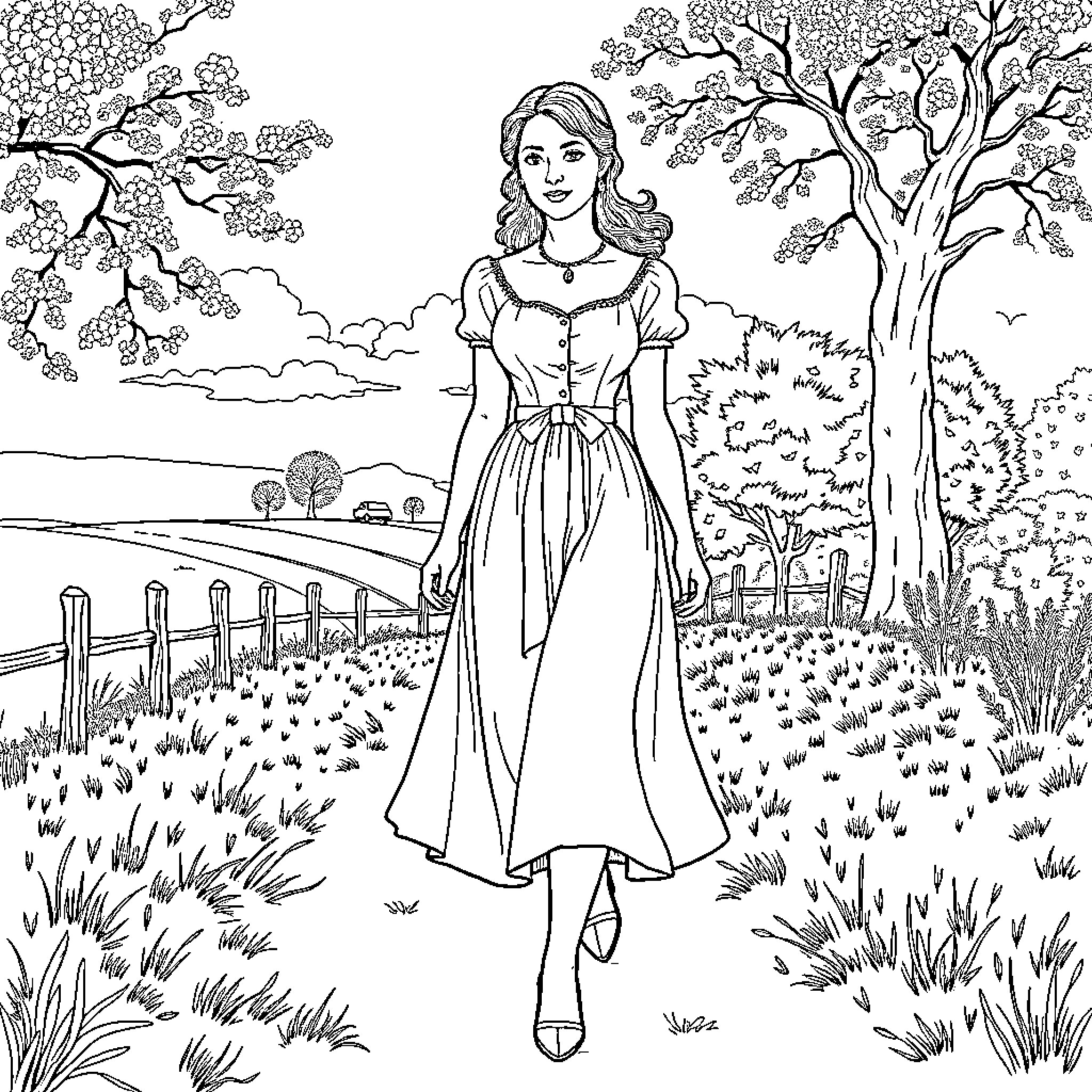Elizabeth Bennet strolling through a pastoral landscape Coloring Page (free black-and-white line drawing printable PDF for all, from beginners to advanced learners, including children, teens, adults, and seniors)