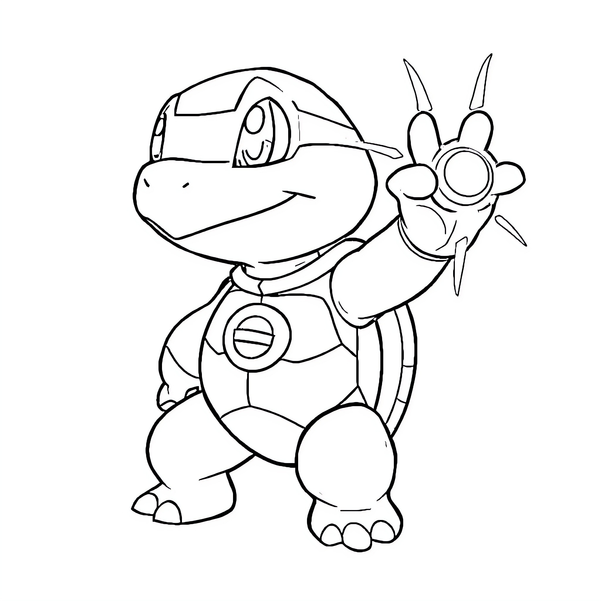 Squirtle in playful mechanical suit Coloring Page (free black-and-white line drawing printable PDF for all, from beginners to advanced learners, including children, teens, adults, and seniors)